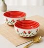 Set of 2 Red & White Floral Print Ceramic Snack Bowl 300ML Serving Bowls
