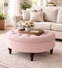 Floral Velvet Round Ottoman With Sagwan Wood Legs In Pink Colour Floral Velvet Round Ottoman With Sagwan Wood Legs In Pink Colour
