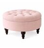 Floral Velvet Round Ottoman With Sagwan Wood Legs In Pink Colour Floral Velvet Round Ottoman With Sagwan Wood Legs In Pink Colour