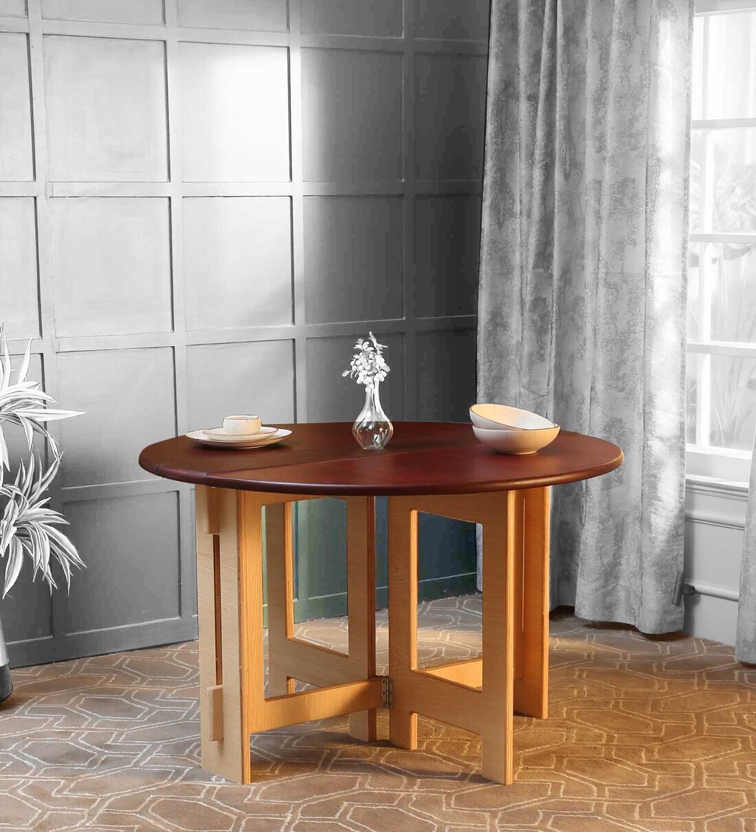 Buy Foldy 4 Seater Dining Table In Rosewood & Natural Finish By Birdy