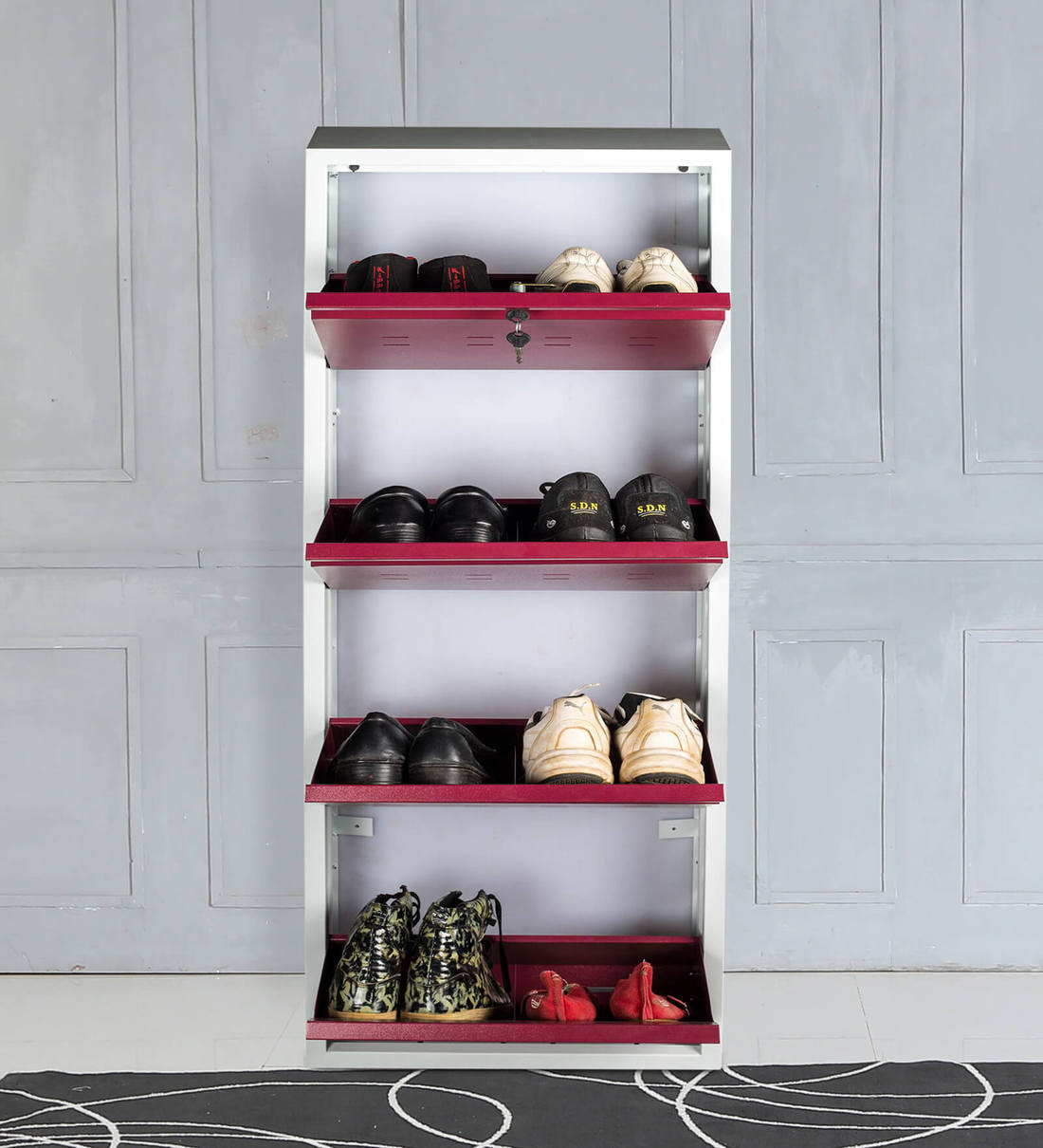 Buy 4 Door Mega Wall Mounted Tall Shoe Rack In Wine Red Colour By Fonzel Online Open Shoe Racks Shoe Racks Furniture Pepperfry Product