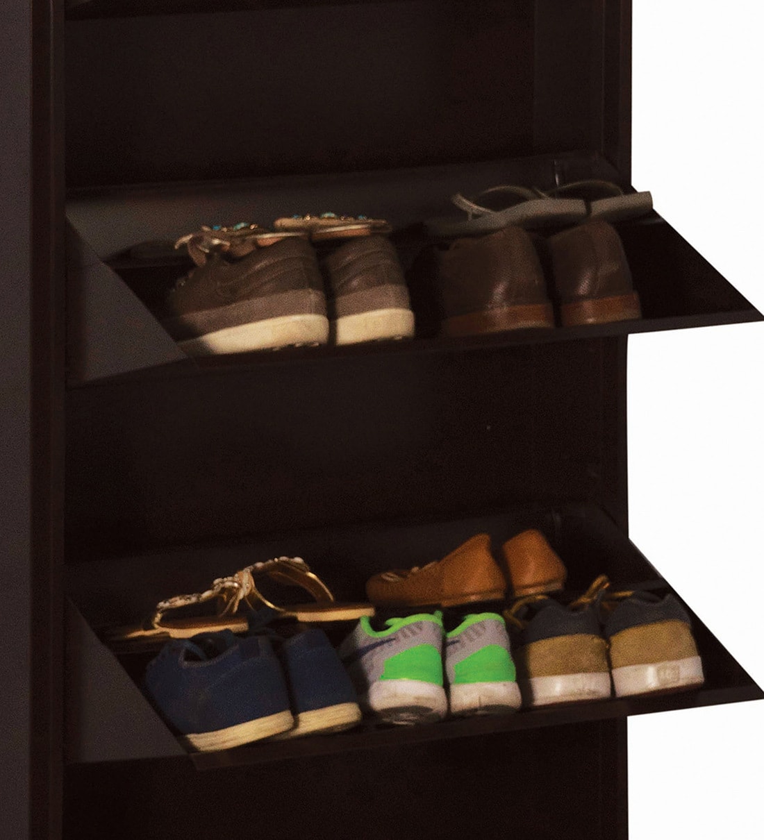 Buy Double Decker Metal Tilt Out Shoe Rack in Dark Brown Finish Online