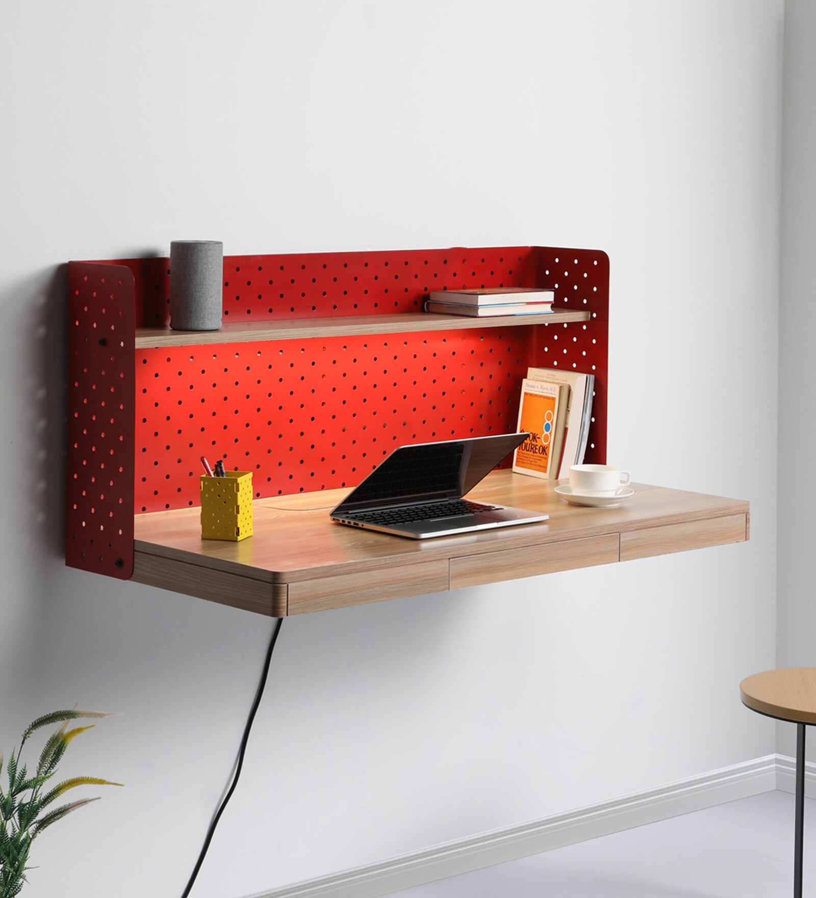 Fold Wall Mounted Writing Table in Vermillion & Oakwood Finish