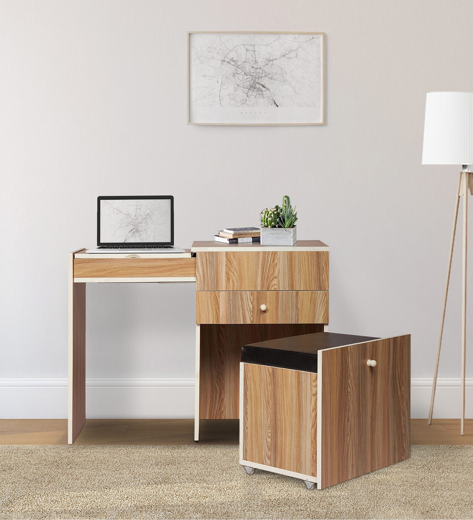 Dresser In Choco Walnut Finish With Seating Stool