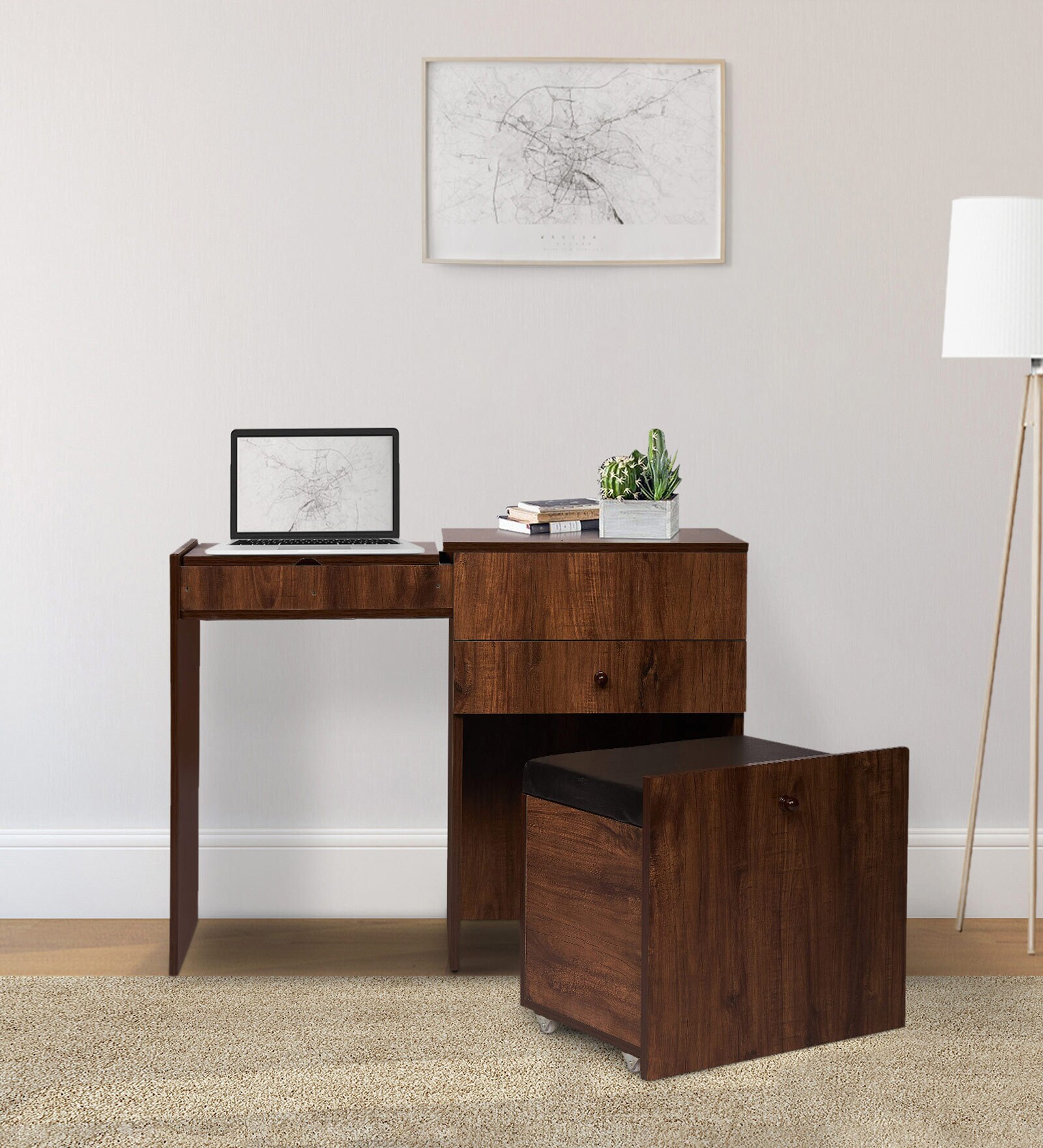 Fold Dressing Cabinet In Classic Walnut Finish With Seating Stool