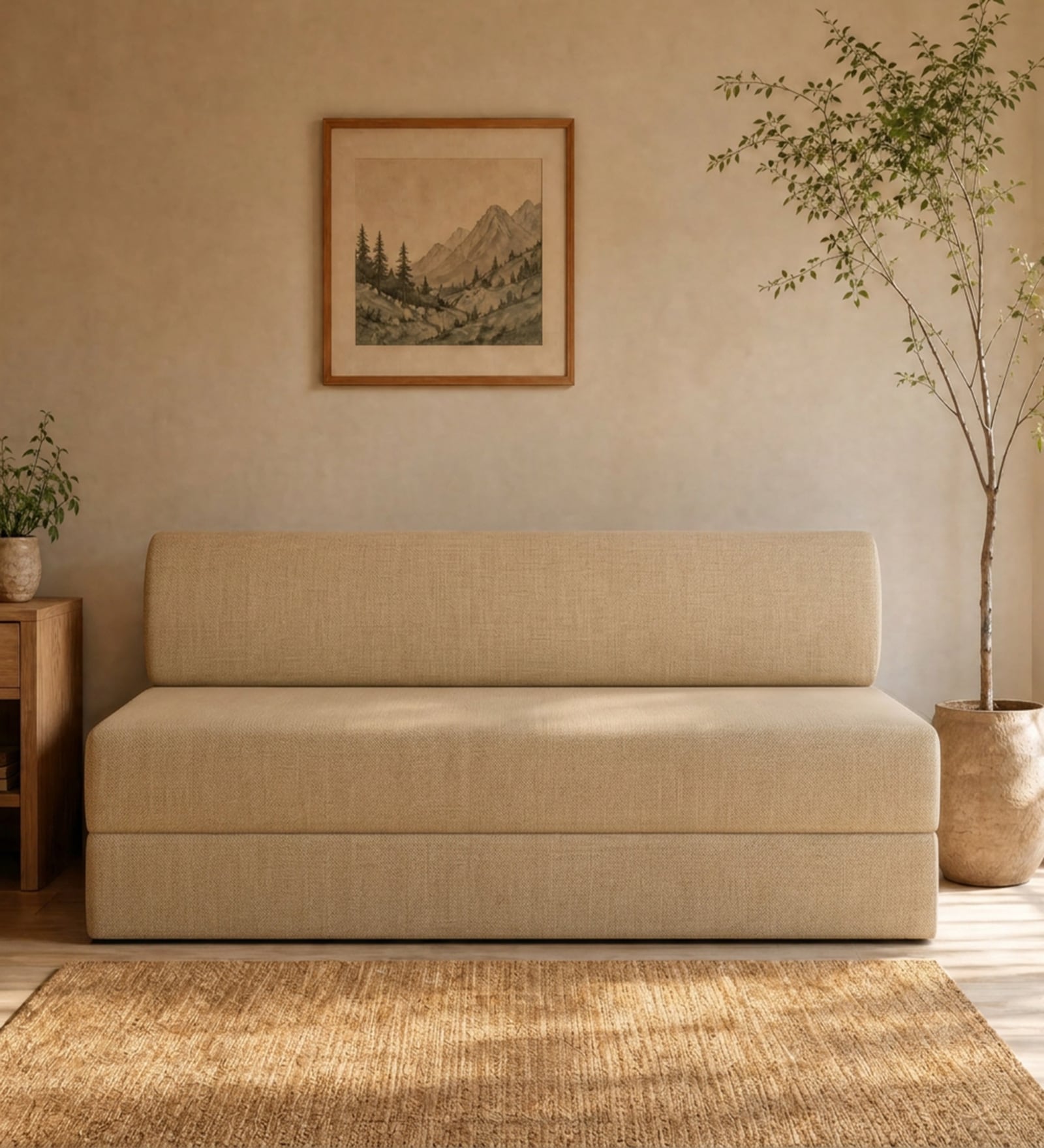 Foldable 7 Inches HR Foam (75x60) Queen Size Sofa Cum Mattress in Beige Colour