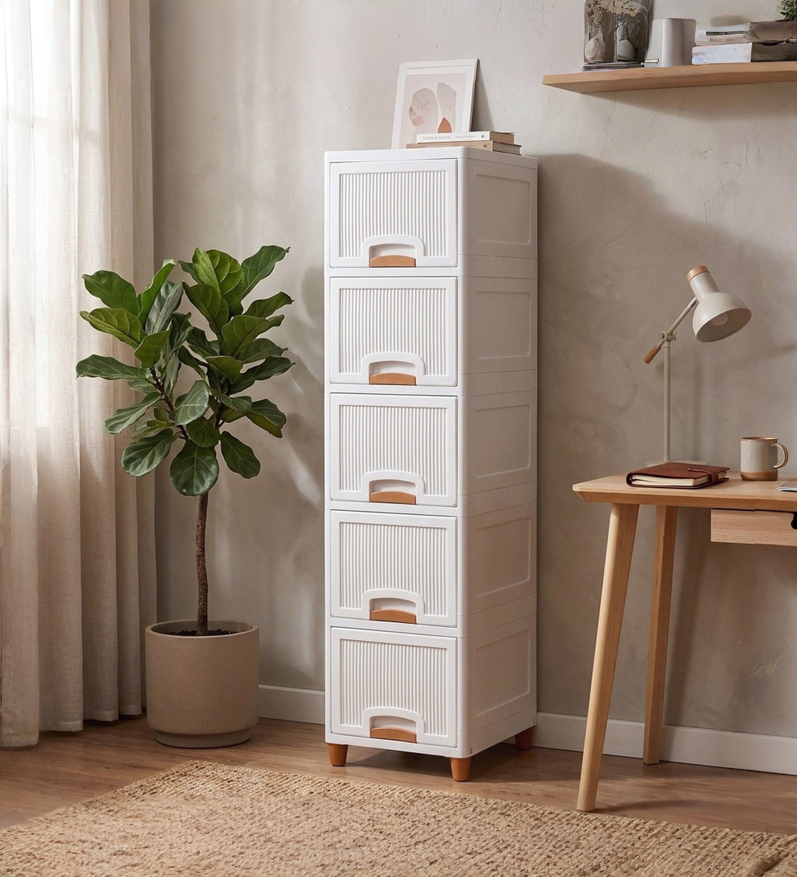 White Foldable Cabinet With Sliding Door 5 Step