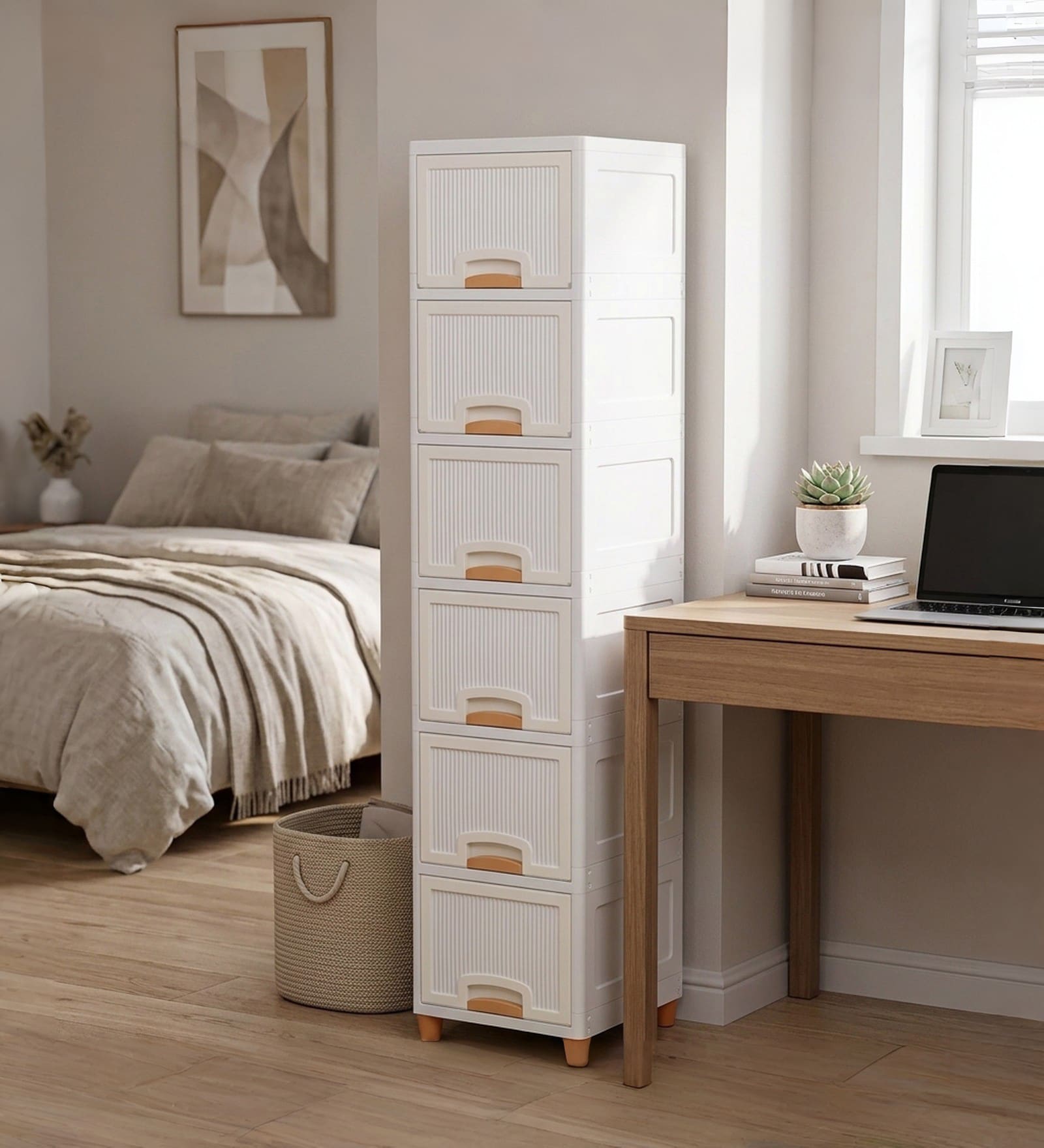 White Foldable Cabinet With Sliding Door 6 Step