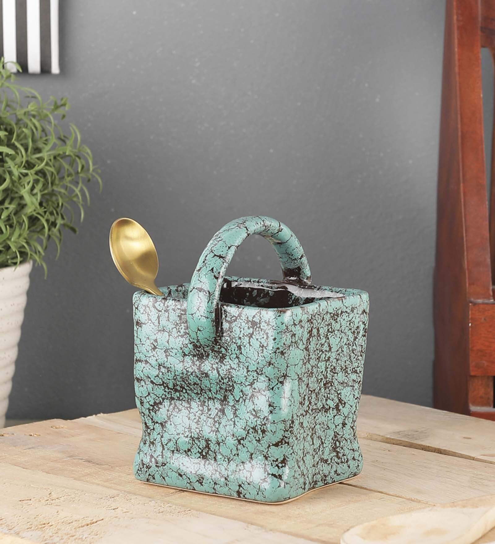 Buy Foliage Green Large Ceramic Cutlery Basket Holder by VarEesha at
