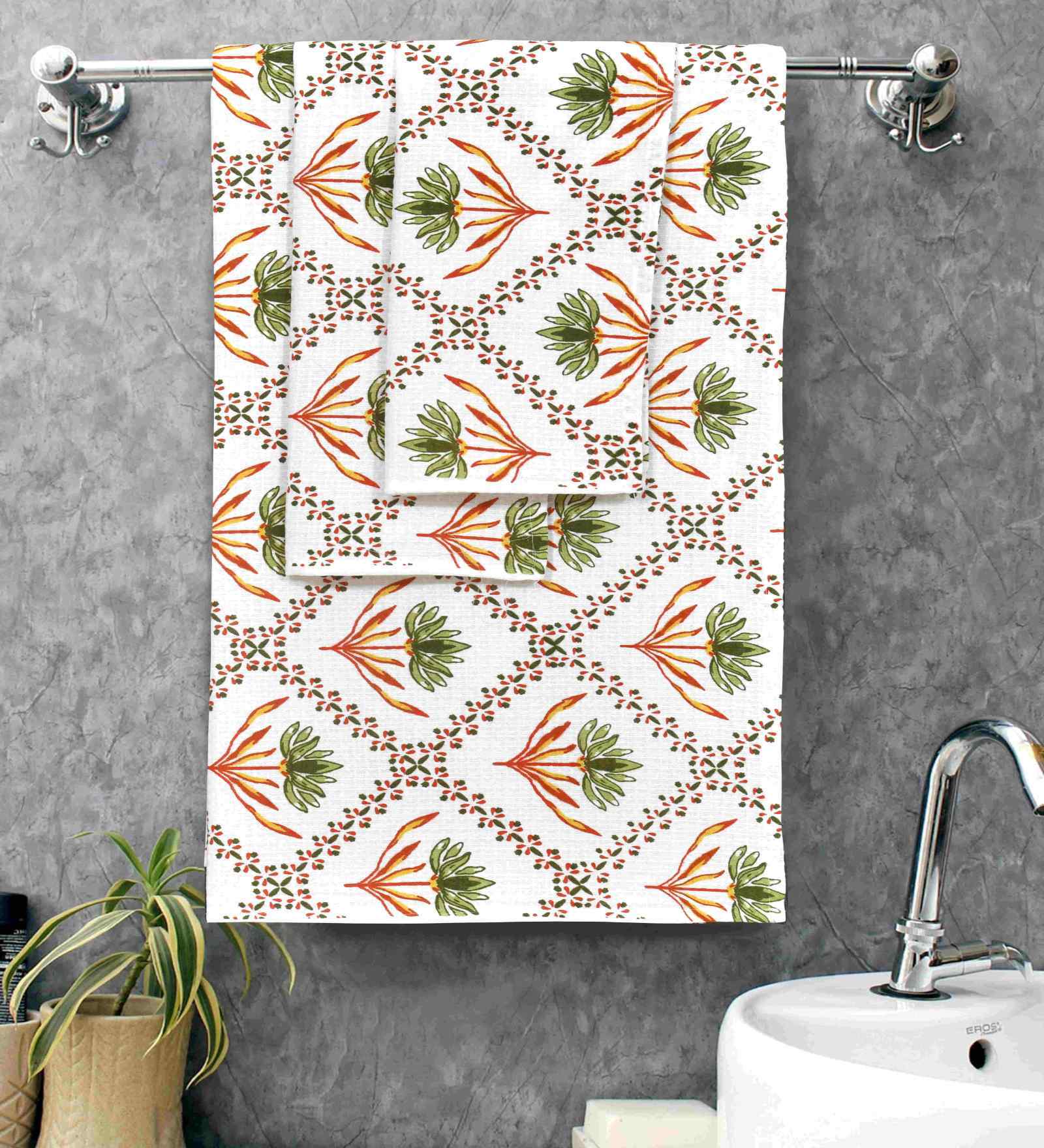 Foliage Madhuban Floral Waffle Cotton 250 GSM Bath & Hand Towel Set