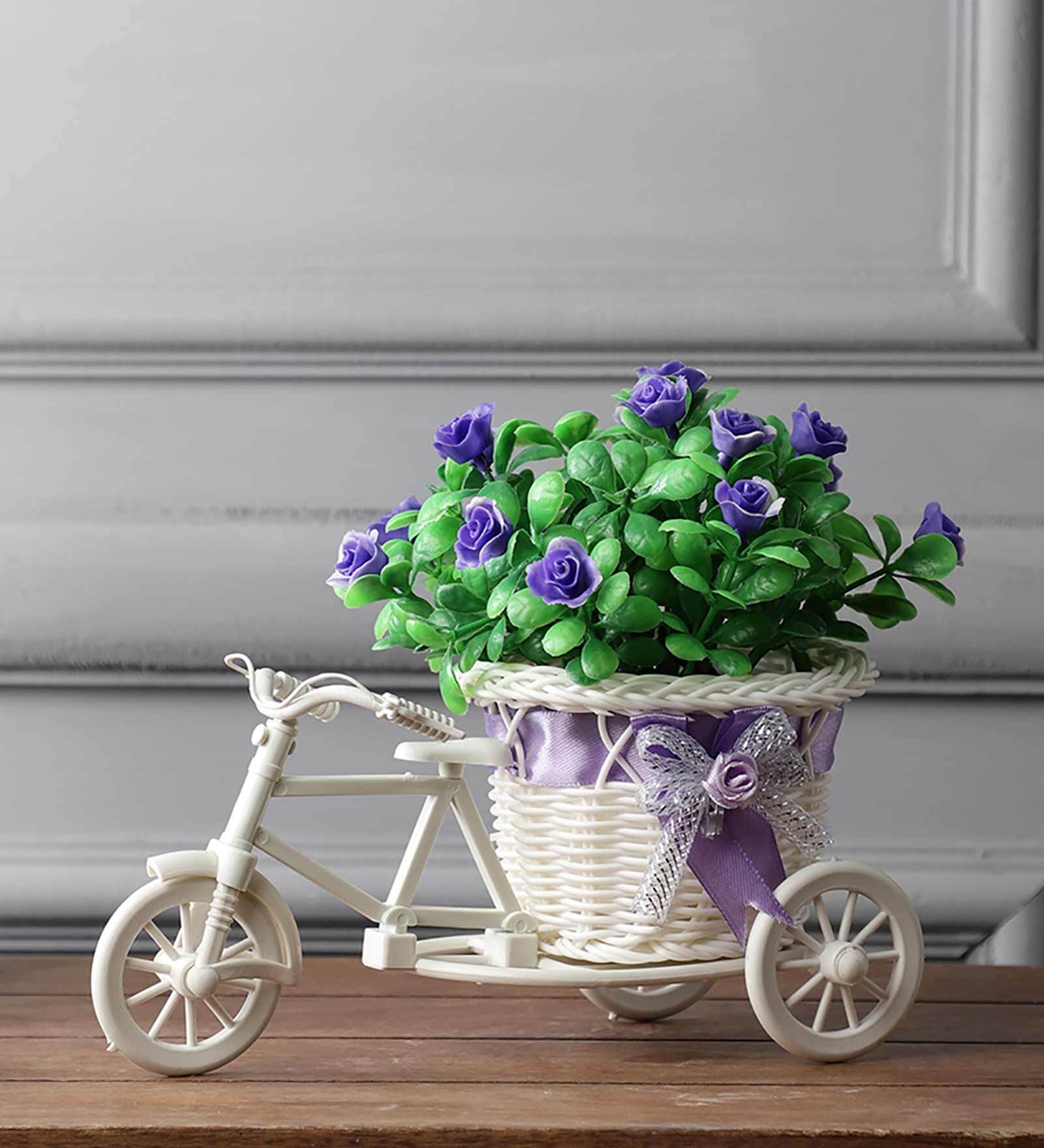 Polyester And Plastic Green And Rickshaw With Green Leaves And Purple Roses With Pot Artificial Plants