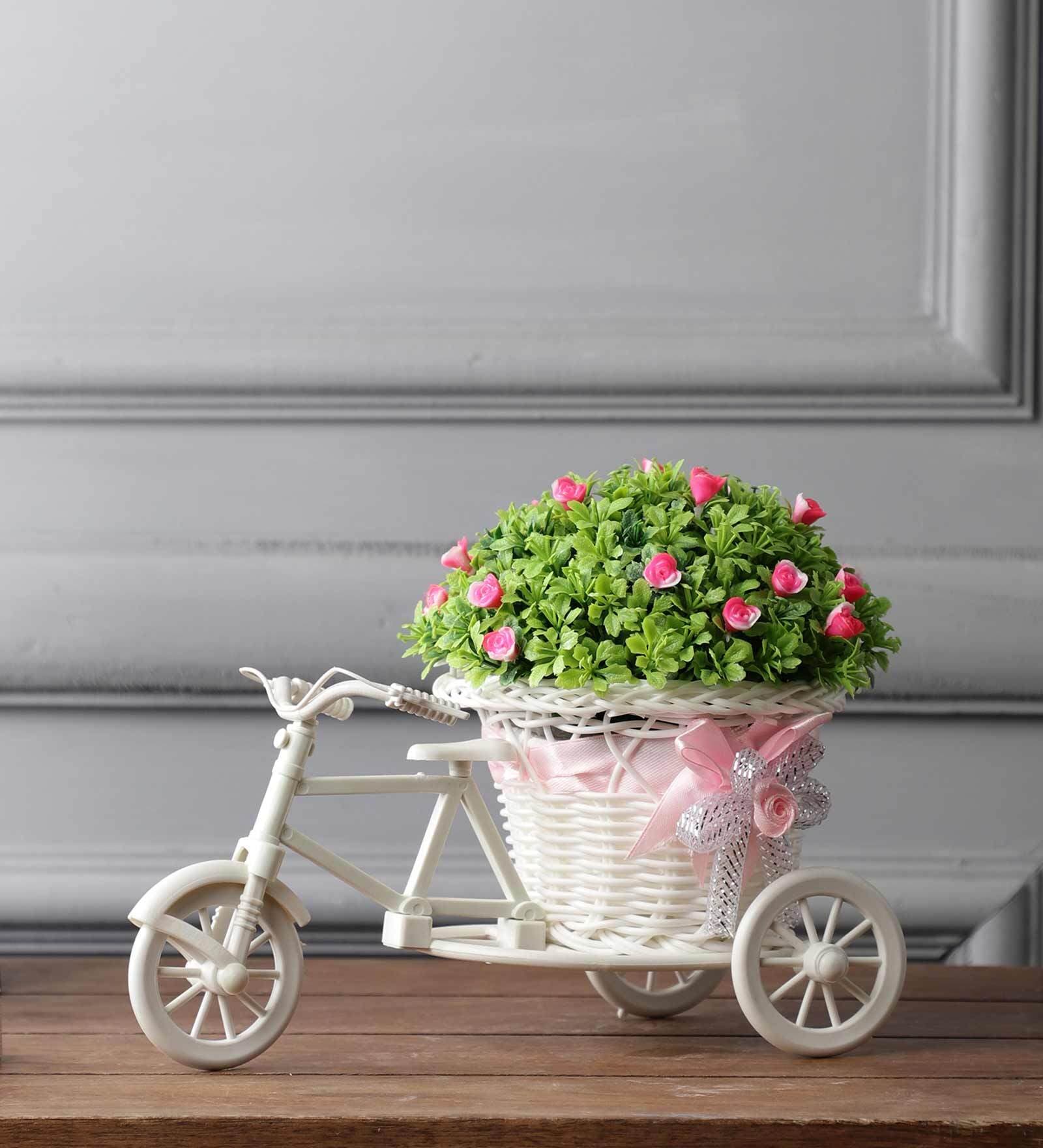 Polyester And Plastic Green And Rickshaw With Small Pink Leaves With Pot Artificial Plants