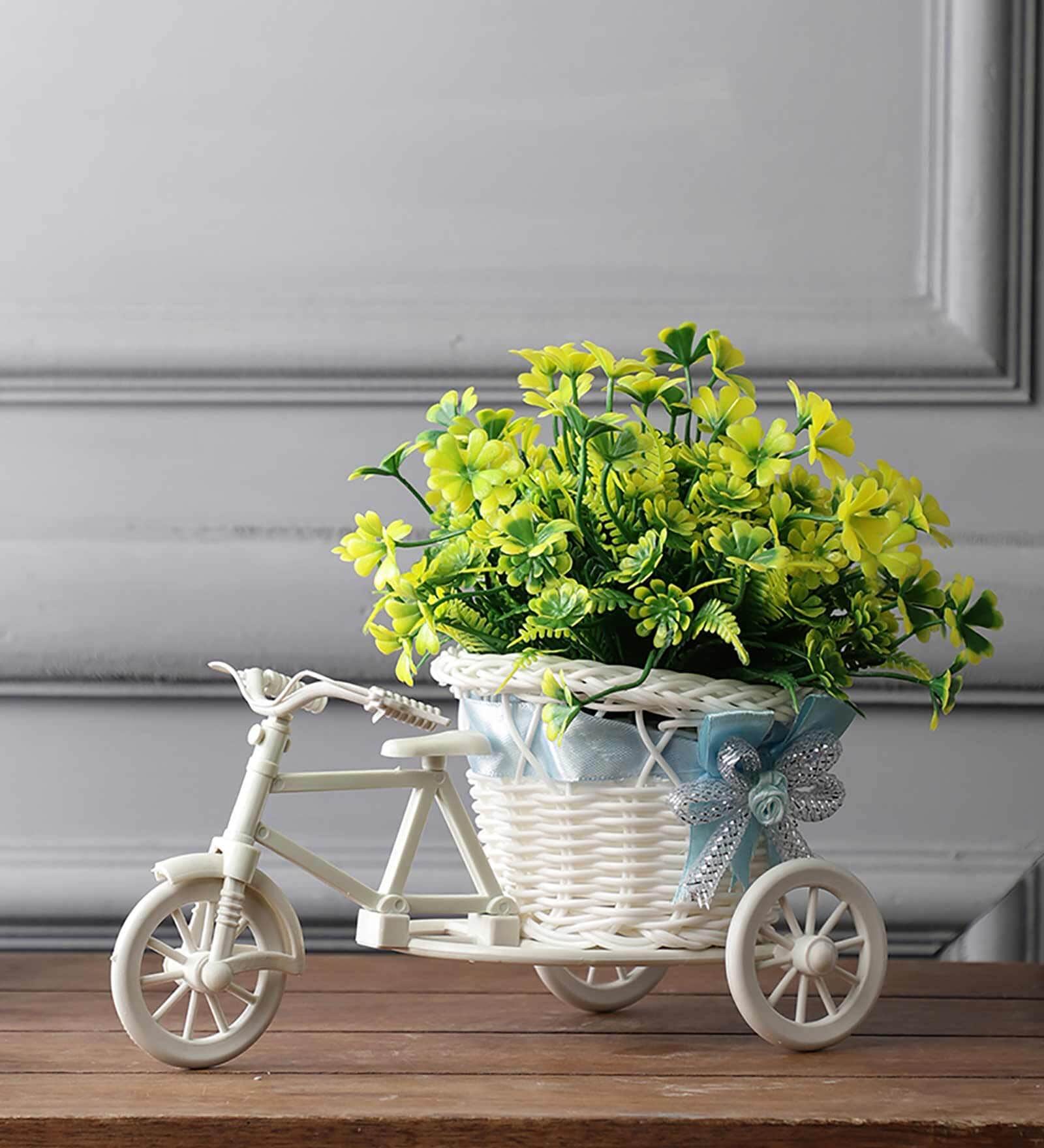 Green Polyester and Plastic Artificial Rickshaw Plant with Yellow Daisy with Pot