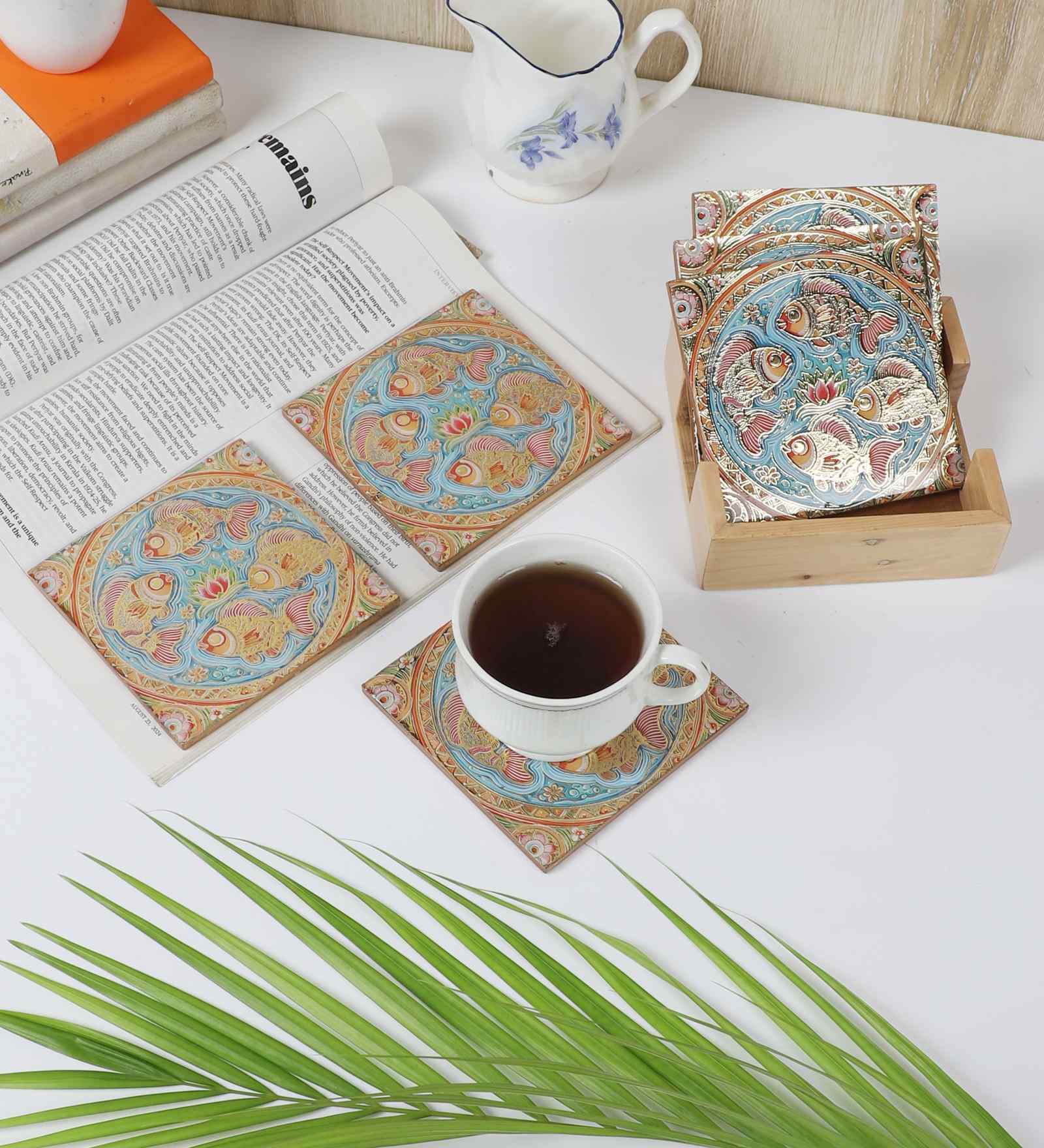 Folk Art Fish Coaster with Stand (Set of 6)
