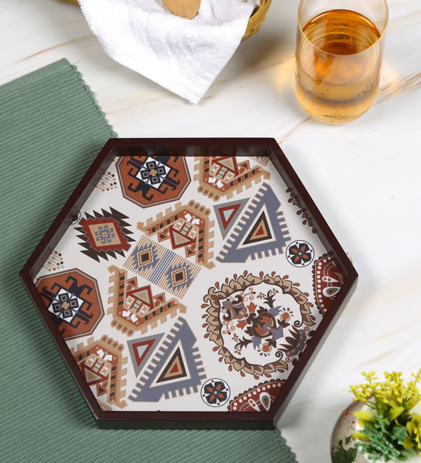 Folk Ornament  Hexagon   Brown MDF Multipurpose Serving Tray