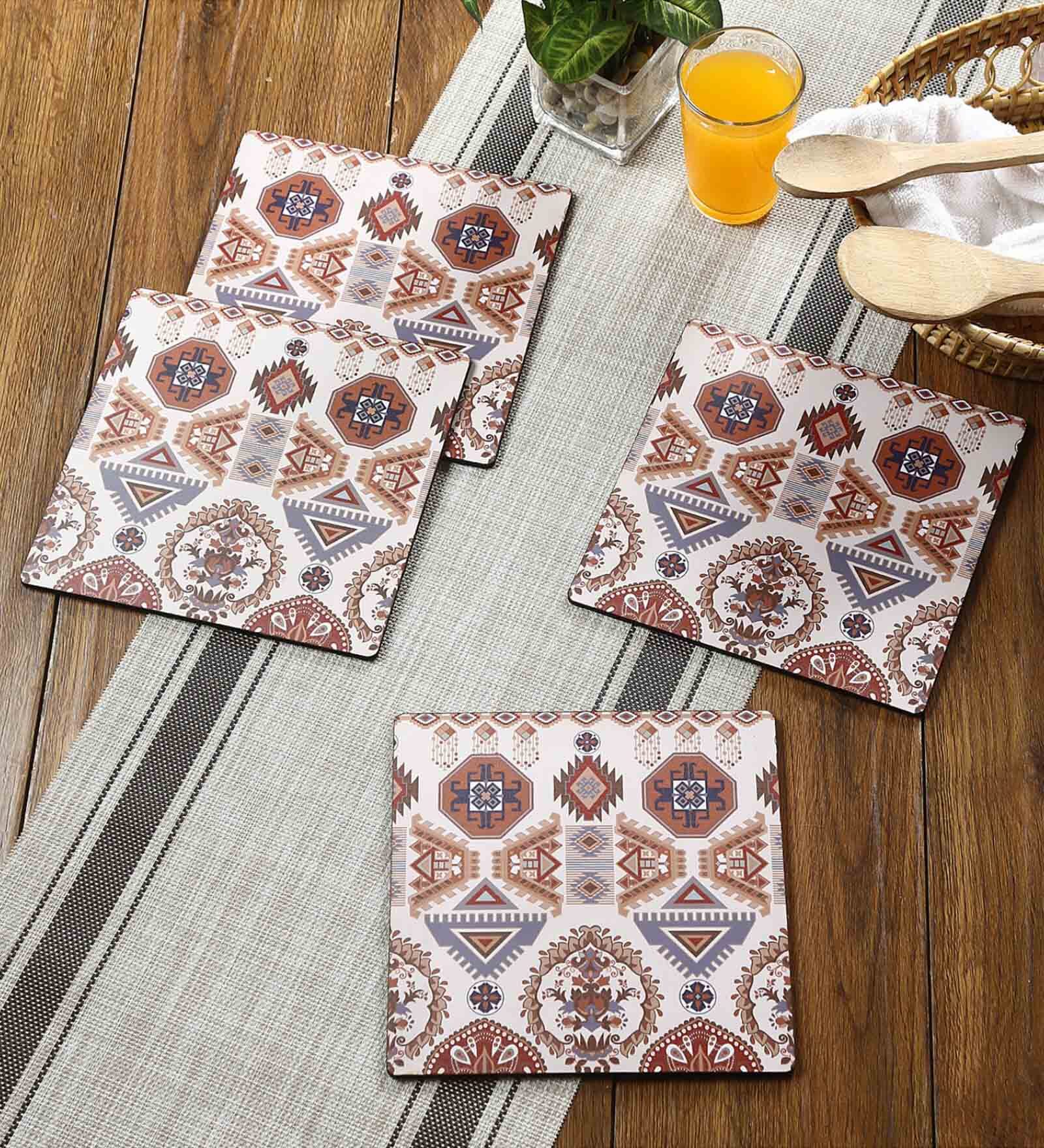 Folk Ornament Brown MDF (Set of 4) Table Coaster Reinvention factory