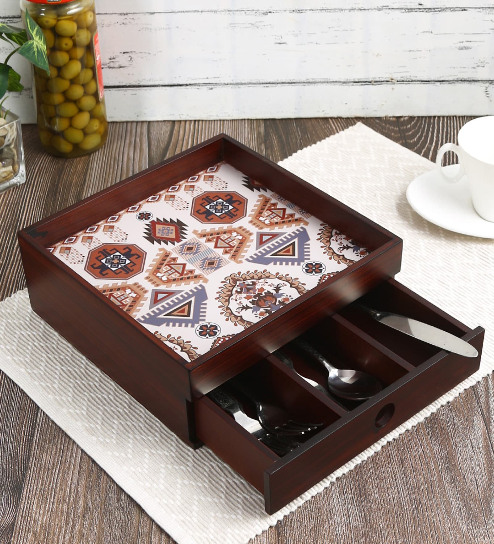 Folk Ornament Brown MDF Wood Cutlery Holder