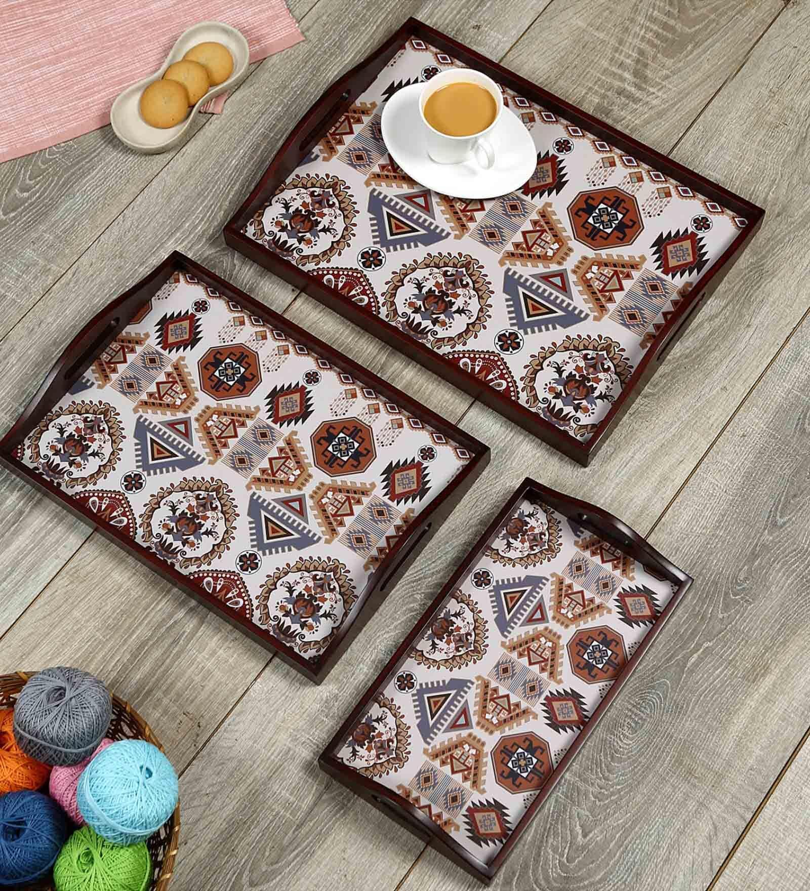 Folk Ornament Brown Teak Wood & MDF Serving Tray (Set of 3) Reinvention factory