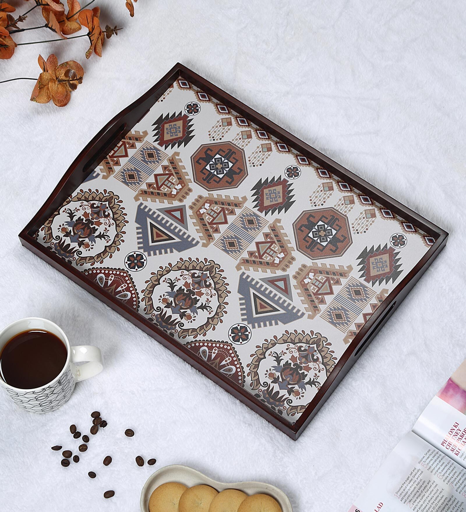 Folk Ornament Brown Teak Wood & MDF Serving Tray Reinvention factory