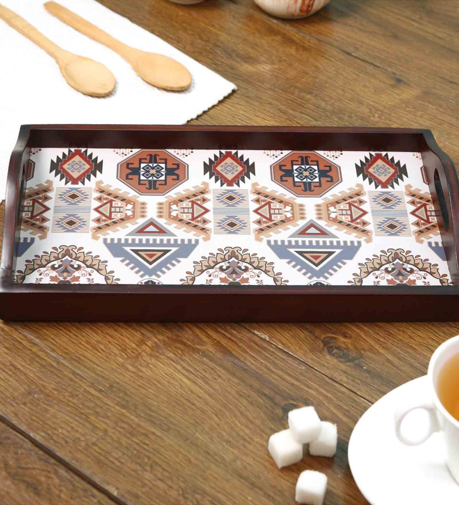Folk Ornament Brown Teak Wood & MDF Serving Tray Reinvention factory