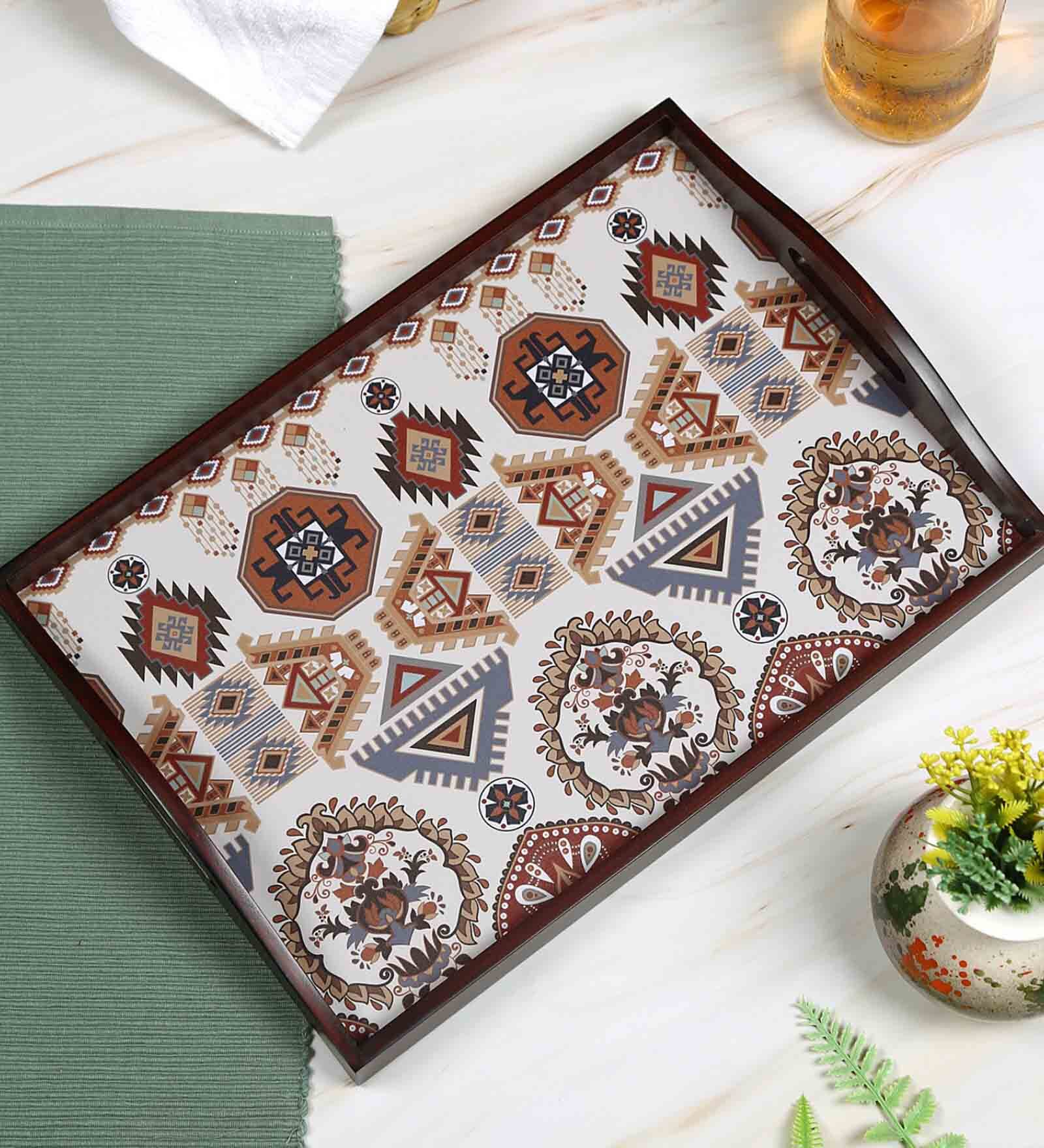 Folk Ornament Brown Teak Wood & MDF Serving Tray Reinvention factory