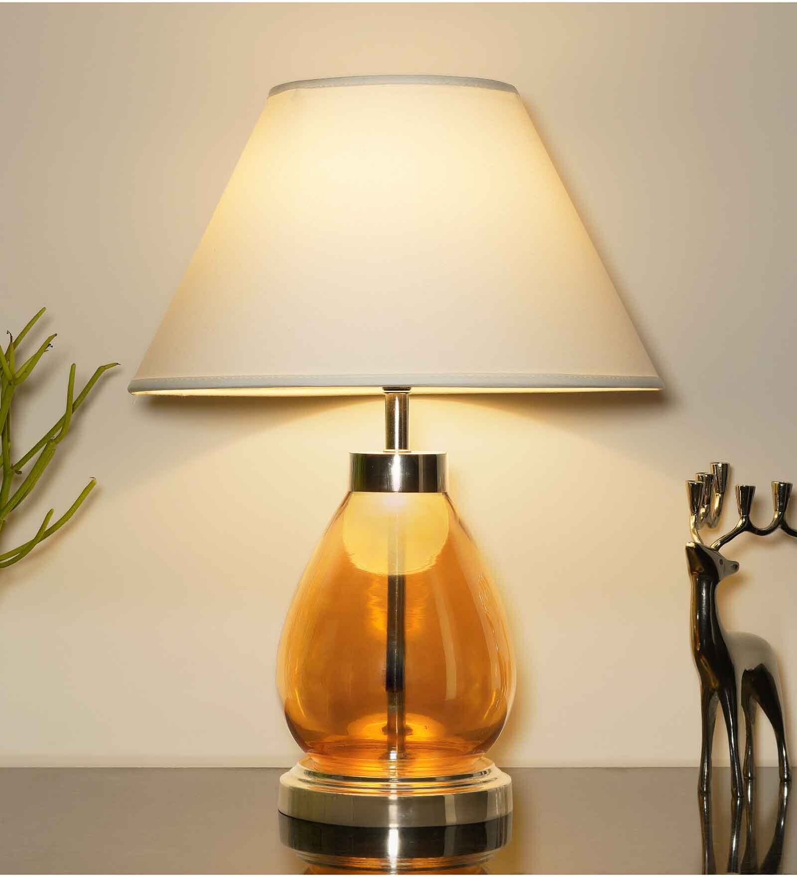 Damien White Cotton Shade Night Lamp With Metal & Glass Base