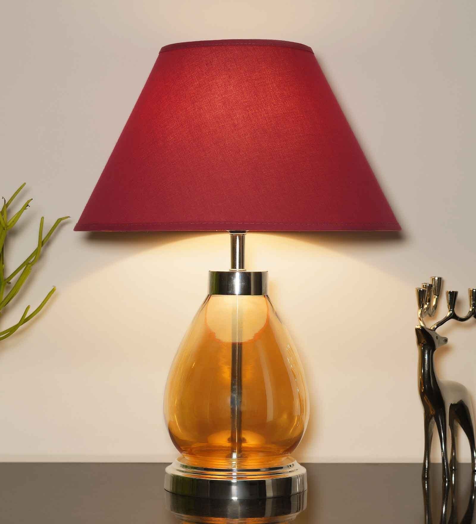 Deigo Maroon Cotton Shade Night Lamp With Metal & Glass Base