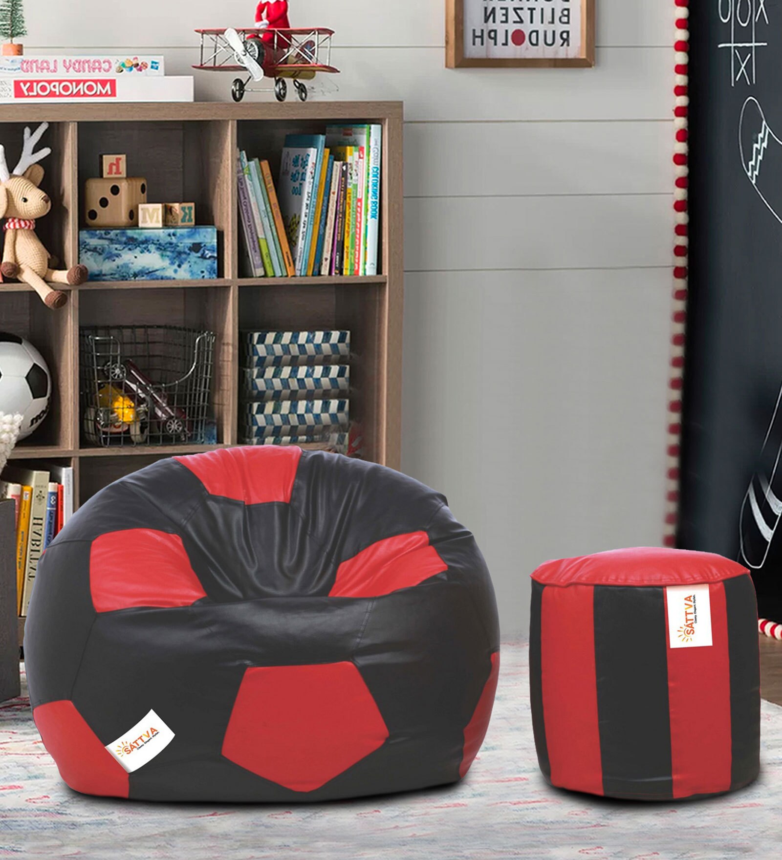 Buy Combo XXXL Football Bean Bag & Stripes Round Pouffe With Beans In