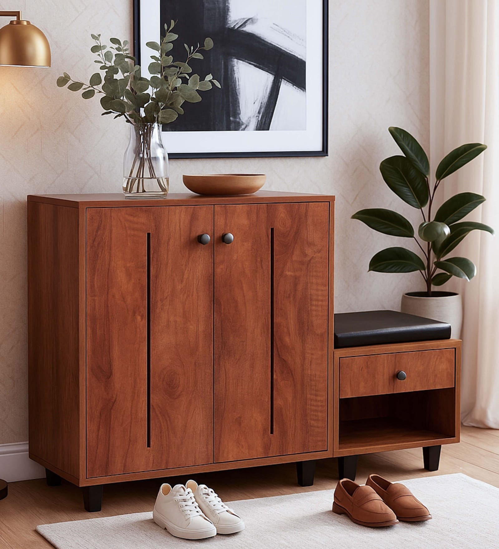 FootFit 16-Pairs Shoe Cabinet In Tan Finish With Seating