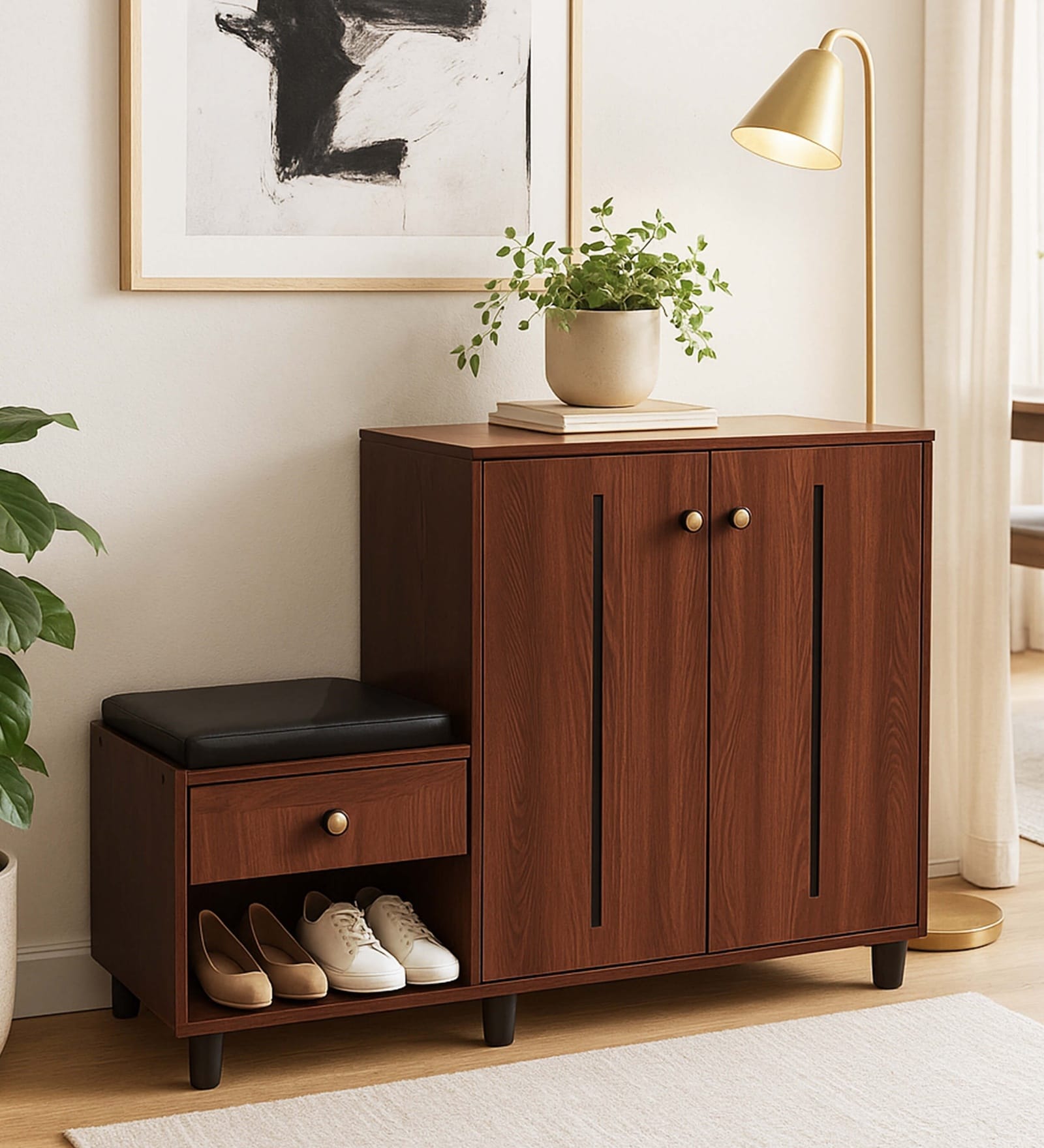 FootFit 16-Pairs Shoe Cabinet In Walnut Finish With Seating