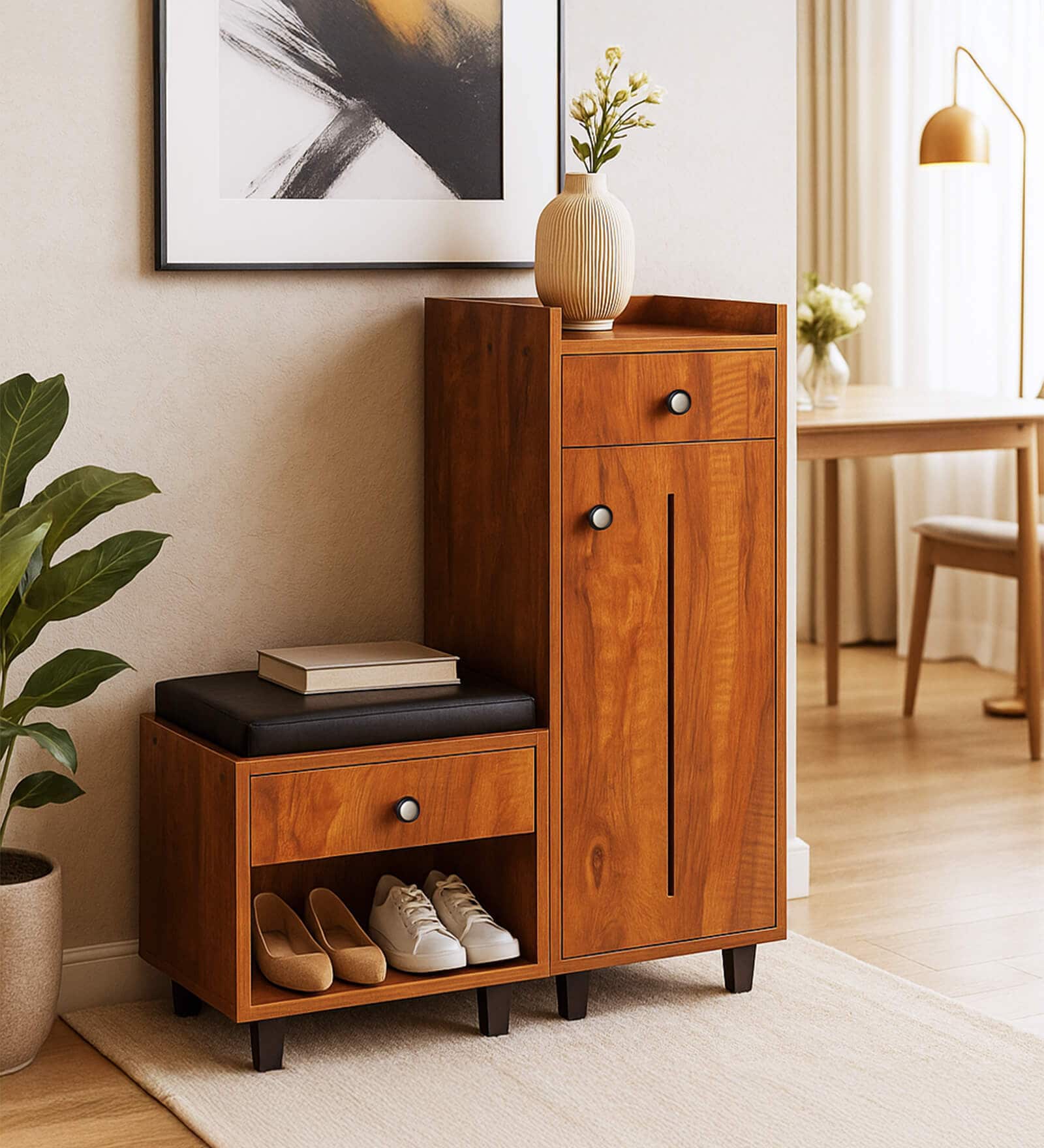 Footsie 12-Pairs Shoe Cabinet In Tan Finish With Seating