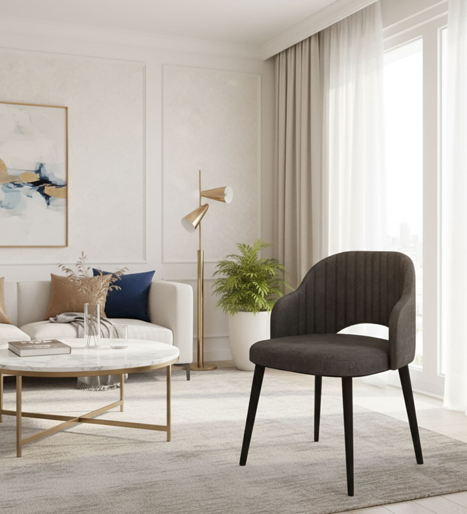 Forest Chic Suede Dining Chair In Dark Grey Colour