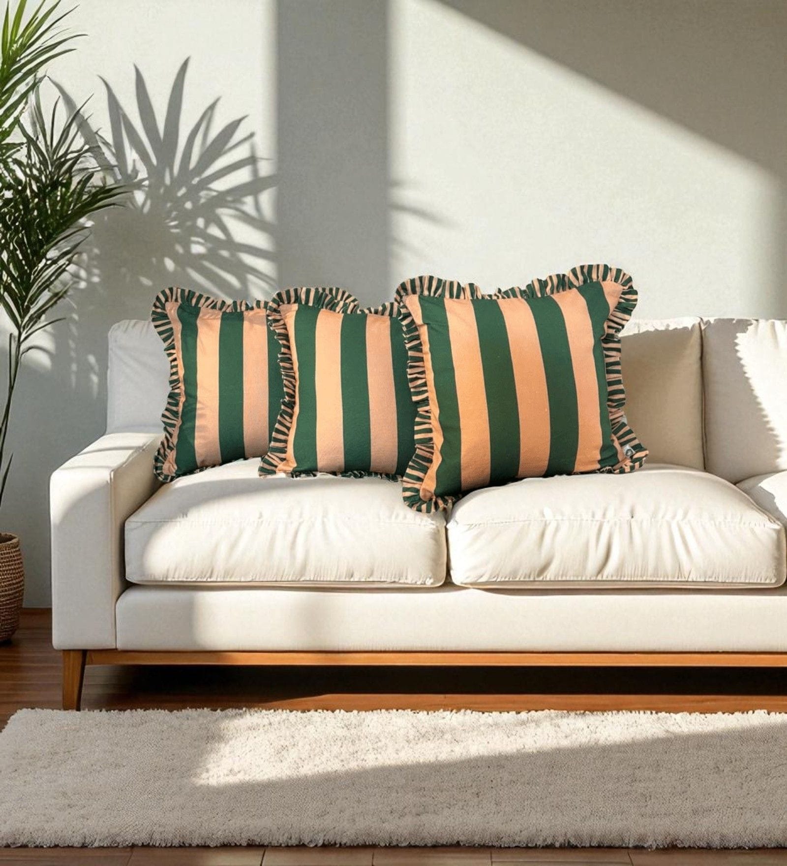 Green Striped Striped Cotton Ruffle 18x18 inches Cushion Covers Set of 3