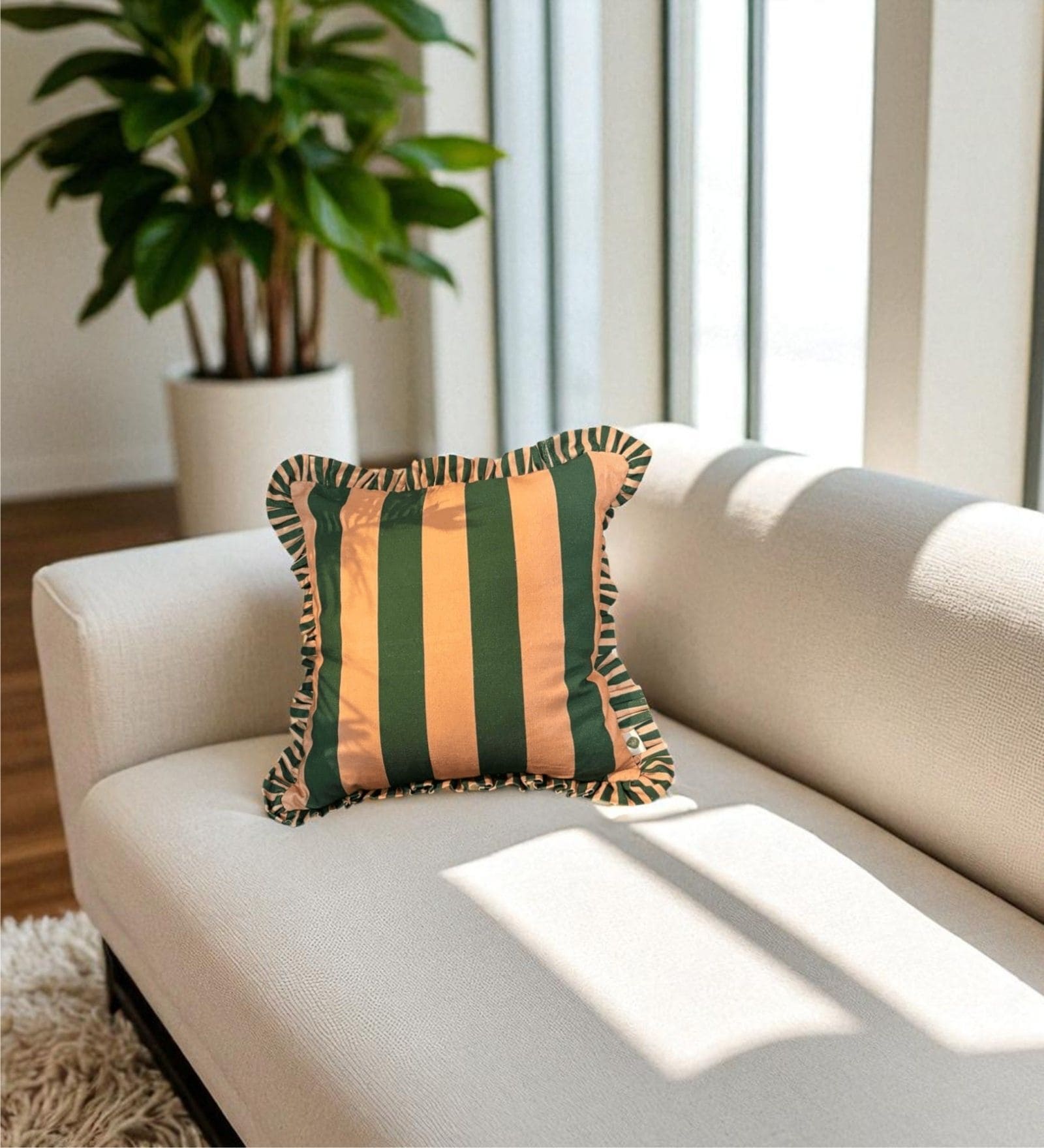 Green  Striped Striped Cotton Ruffle 18x18 inches Cushion Cover
