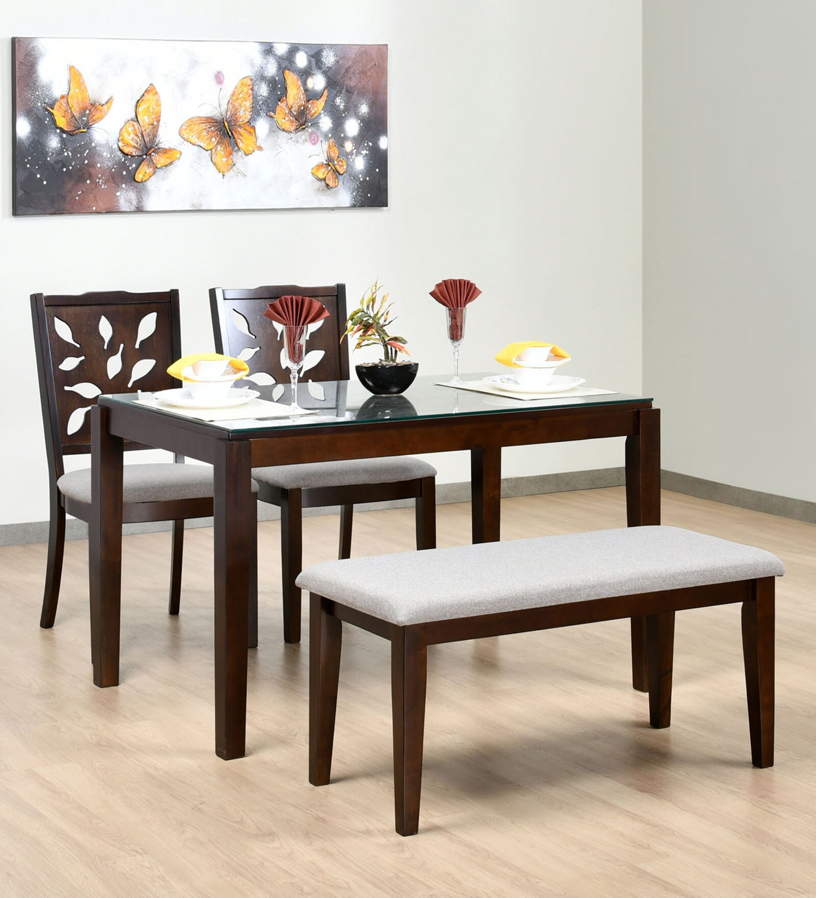 Forester Solid Wood 4 Seater Dining Set in Walnut Finish with Bench