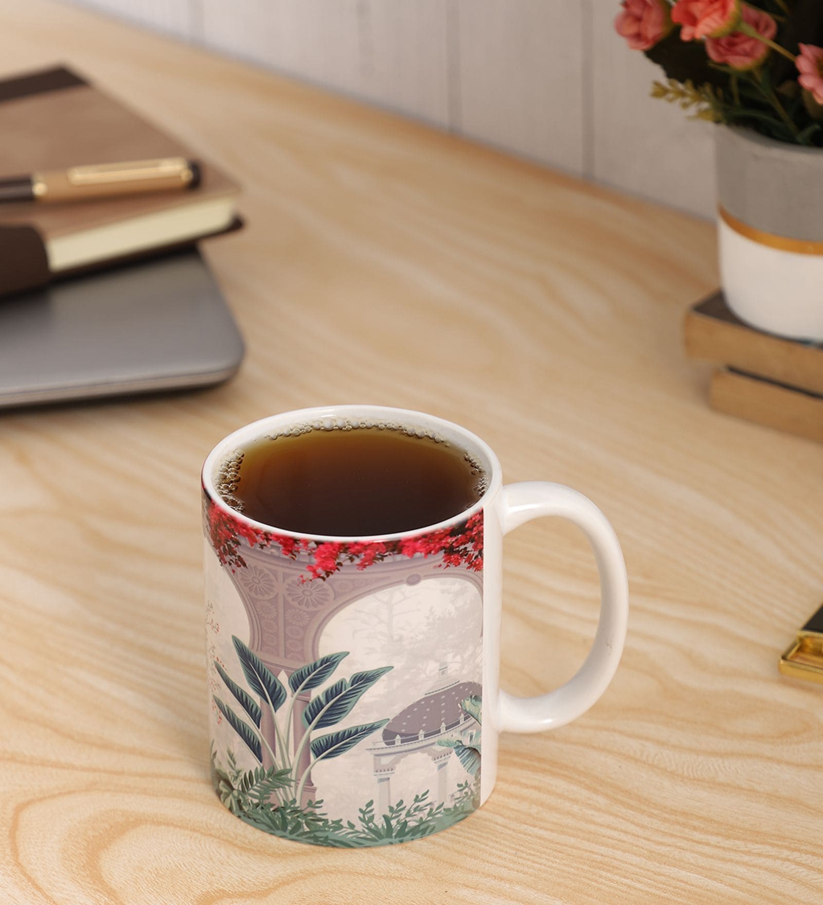 Fort Design & Green Leaves Printed Ceramic Coffee Mug 320ml