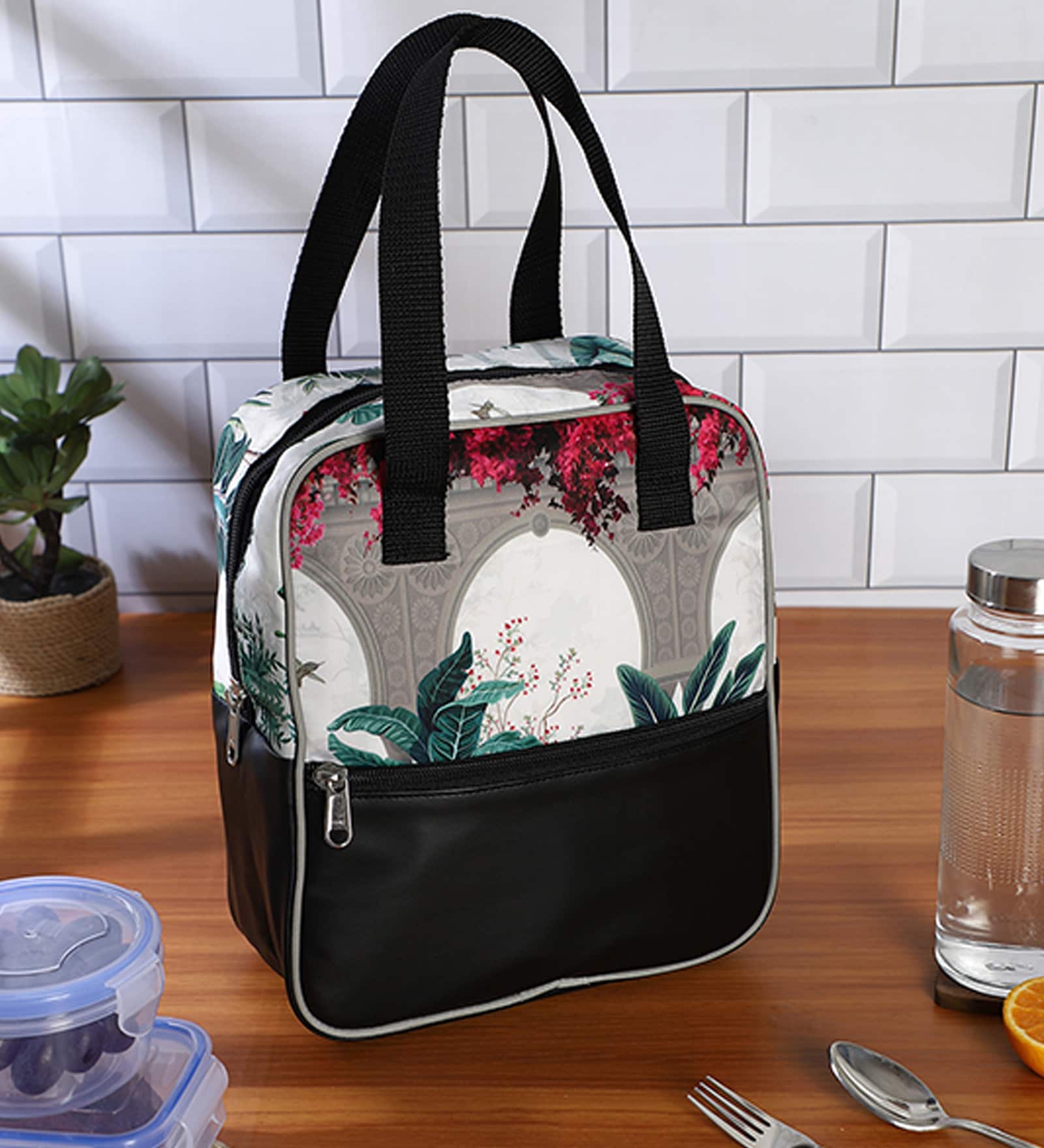 Fort Design & Green Leaves Printed Long Insulated Lunch Bag