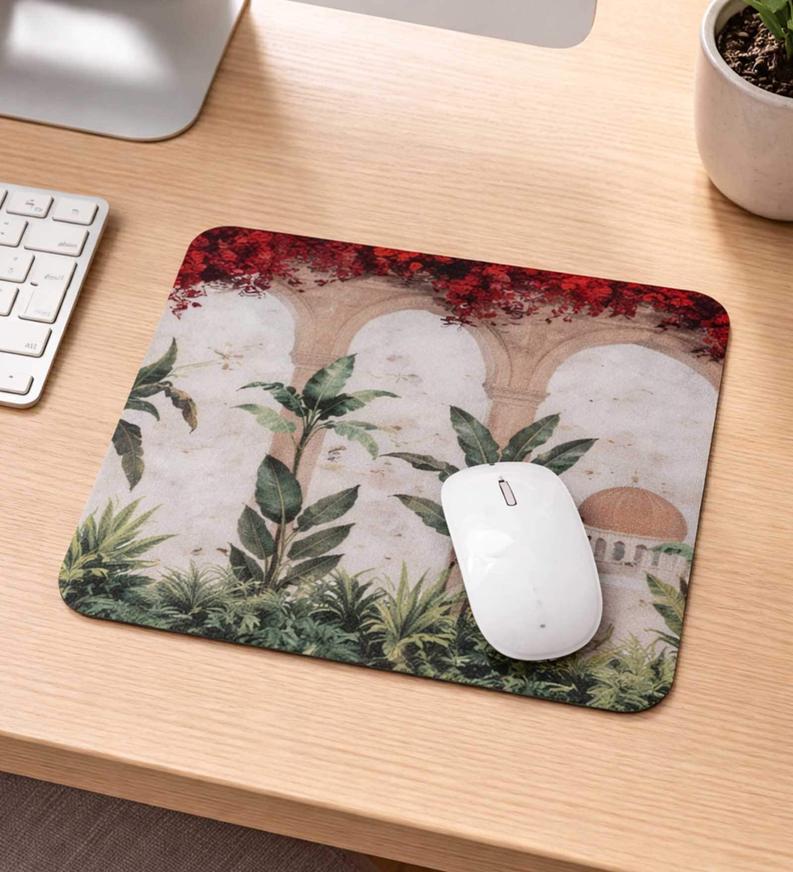 Fort Design with Green Leaves Printed Rectangle Mousepad
