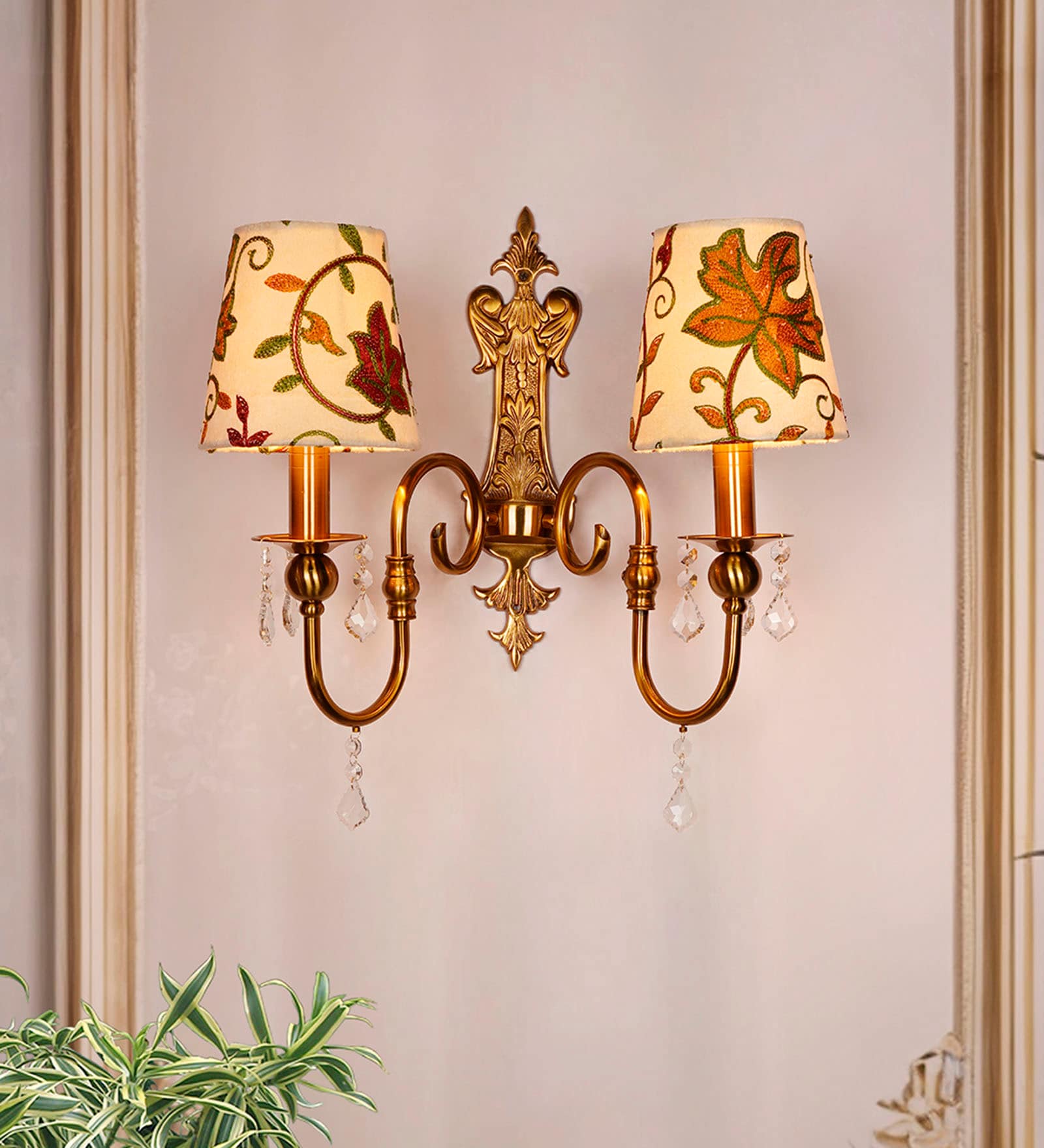 Fos Lighitng Victoria Antique Brass Double Wall Sconce with Kashida Shades
