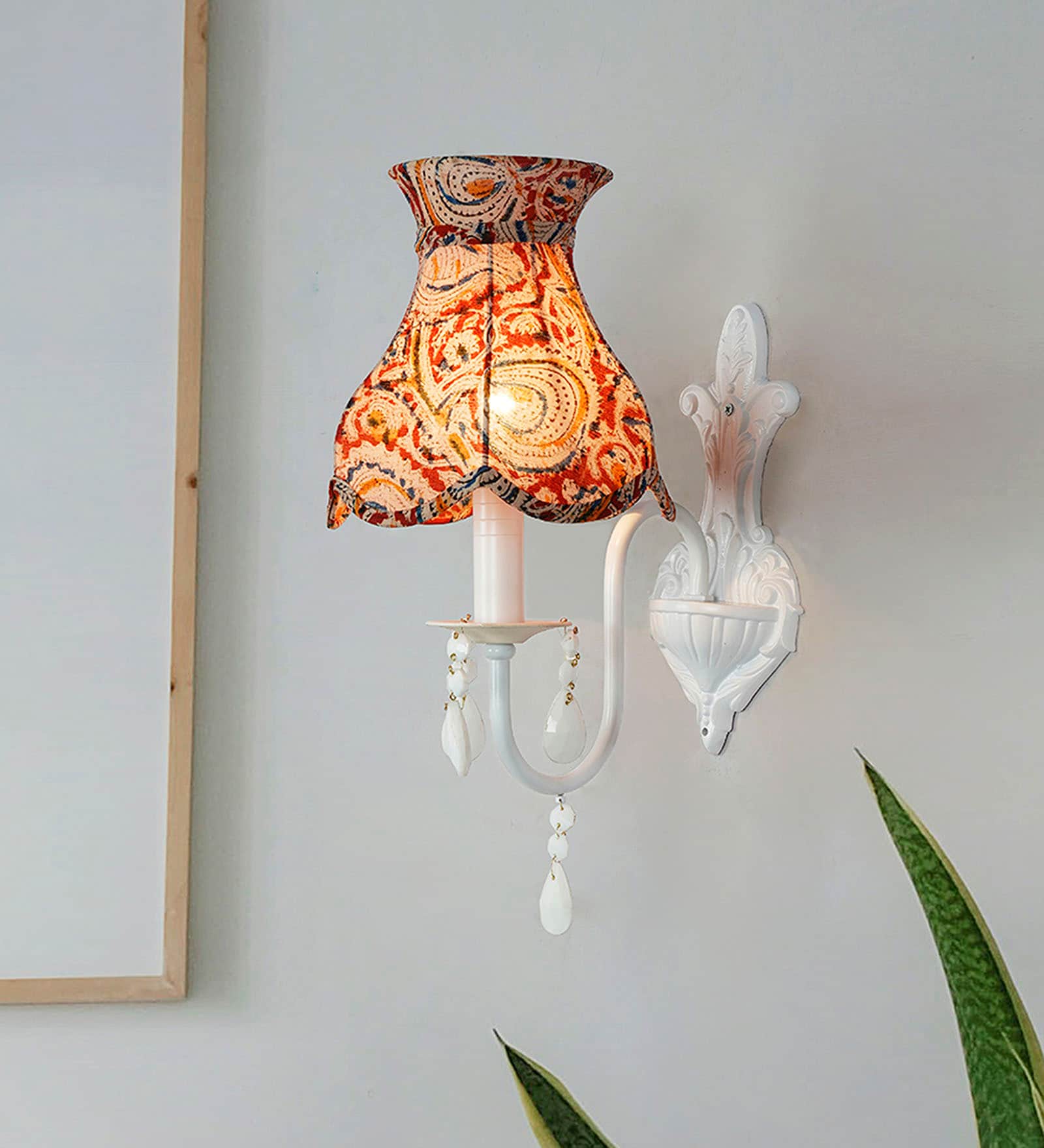 Fos Lighitng White Wall Sconce with Kalamkari Shade and Crystals