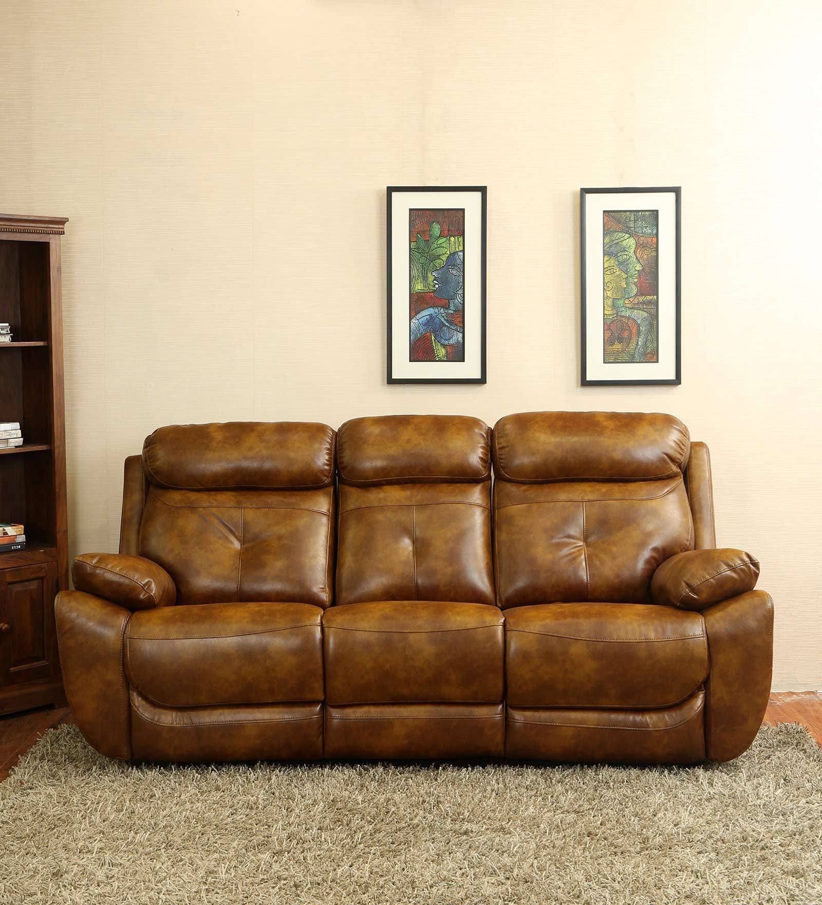 4 Square Leatherette Motorized 3 Seater Recliner In Brown Colour