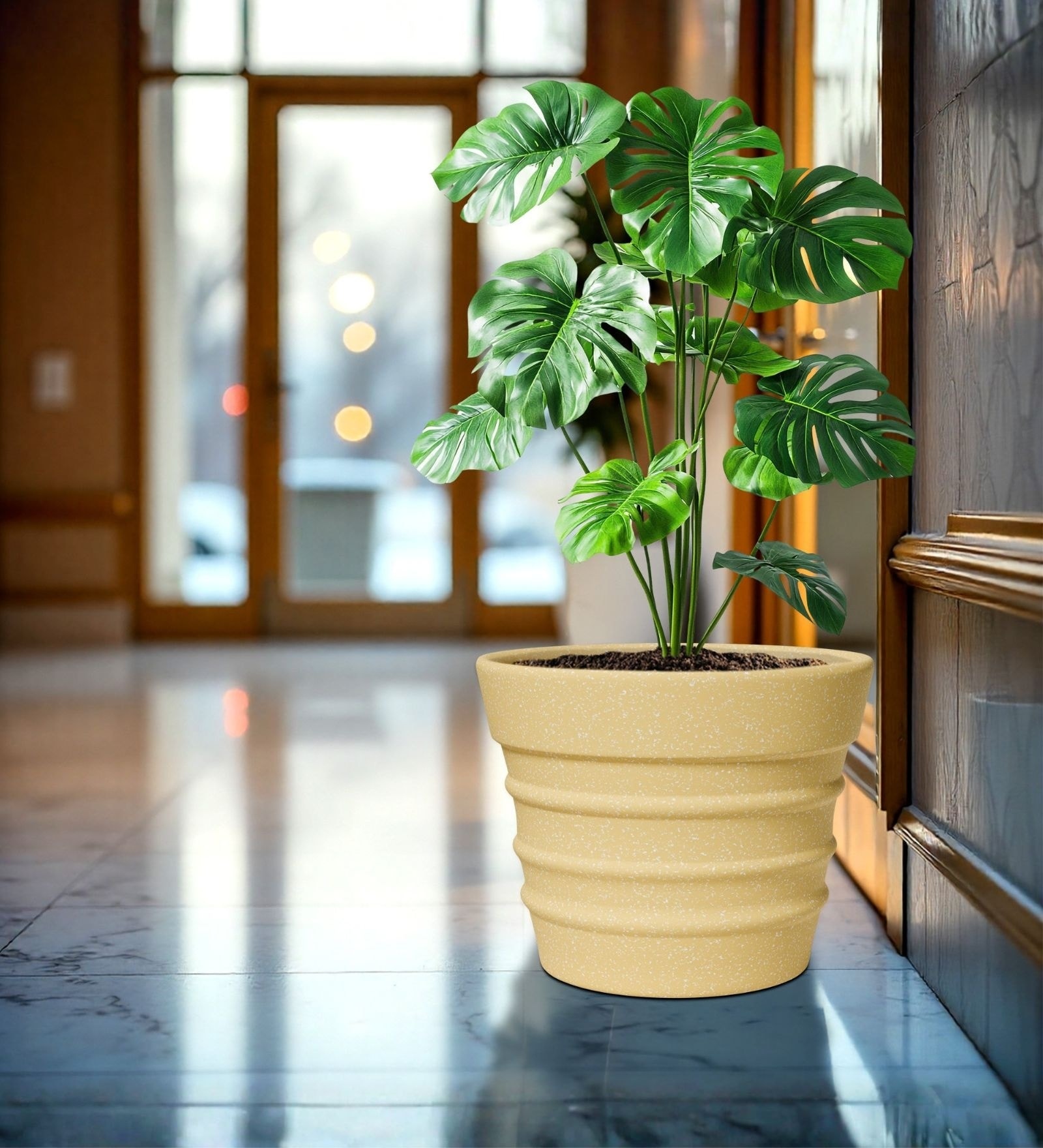 Beige 18 Inch German Polymer Round Plant Container