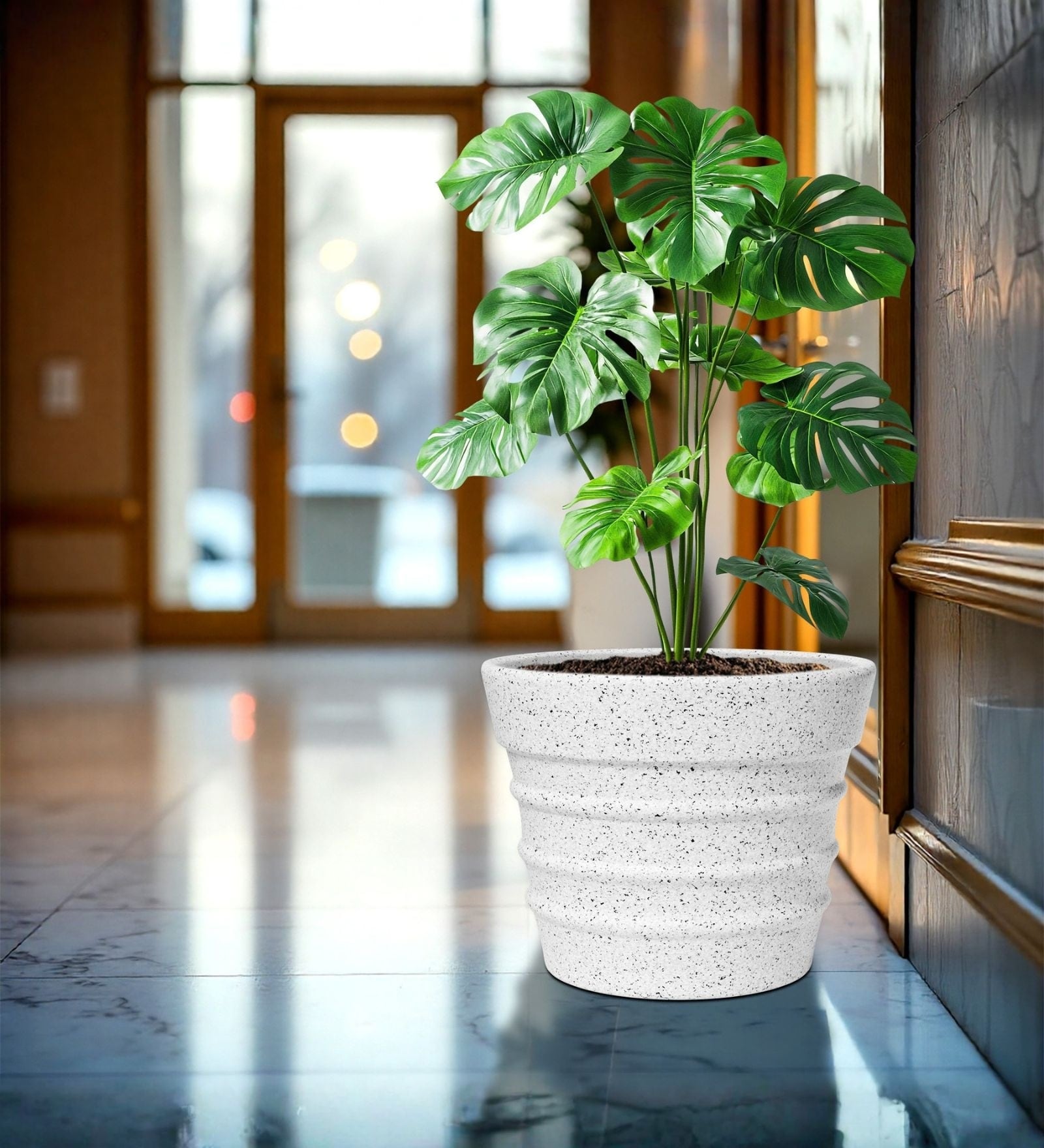 Marble White 18 Inch German Polymer Round Plant Container