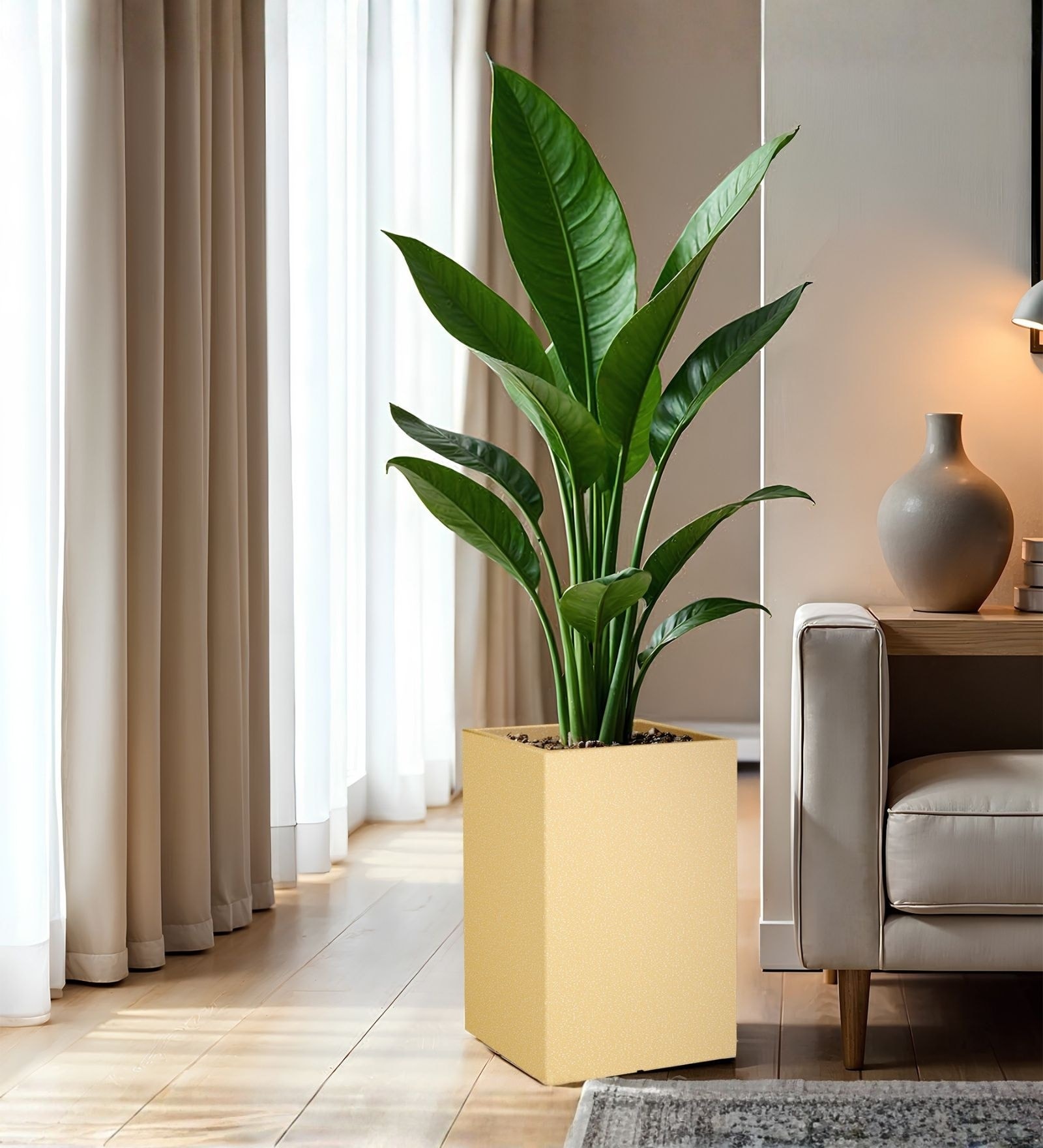 Beige German Polymer Square Planter Cubo Tall 24 Inch