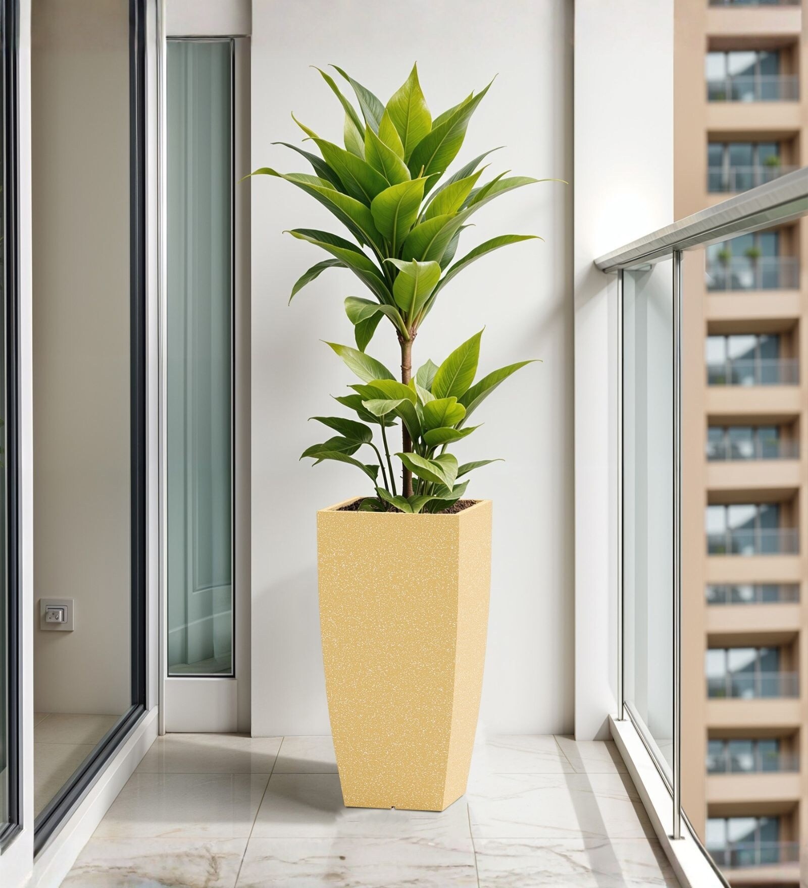 Beige German Polymer Tall Square Planter Tk 18 Inch