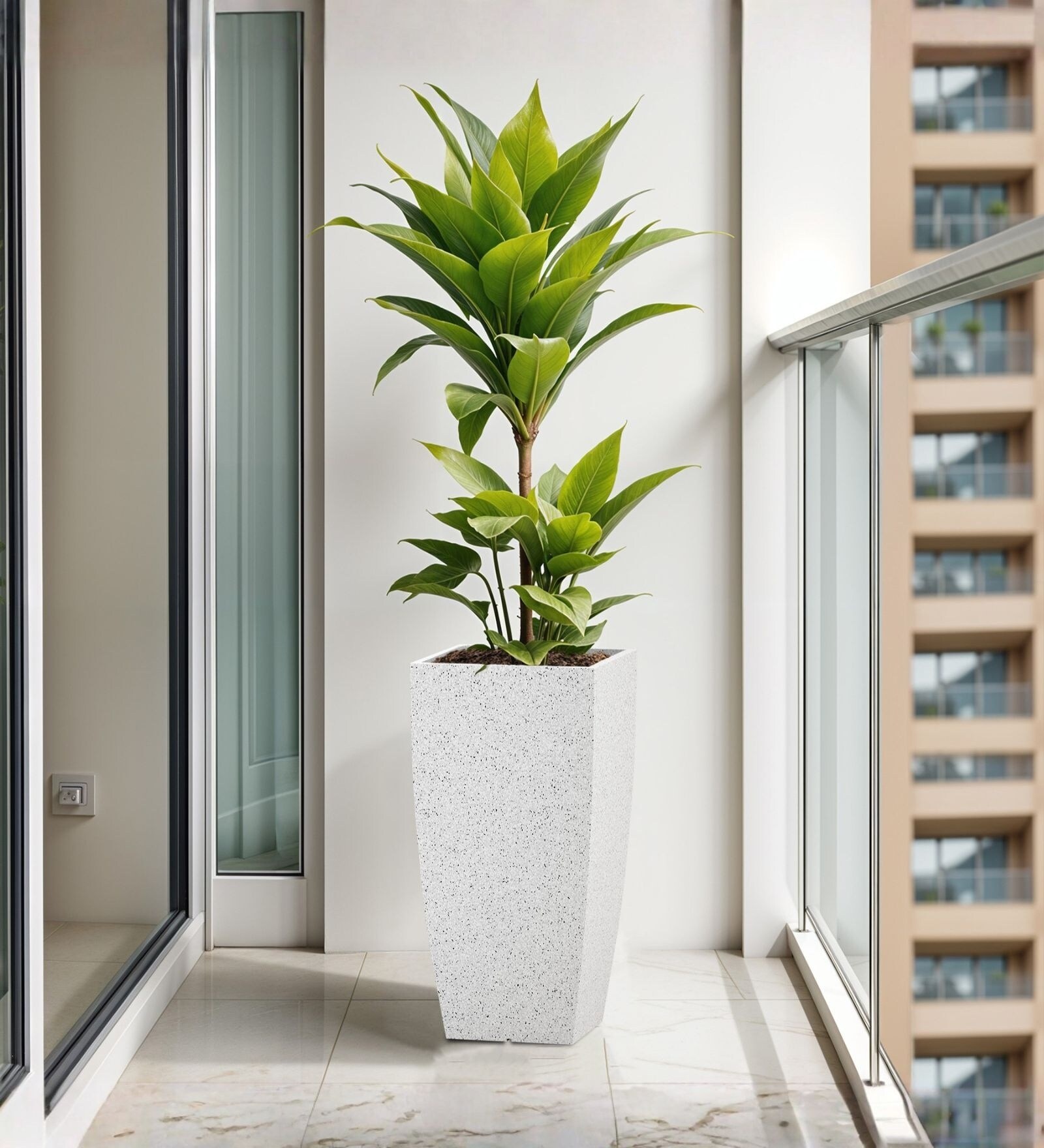 Marble White German Polymer Tall Square Planter Tk 18 Inch