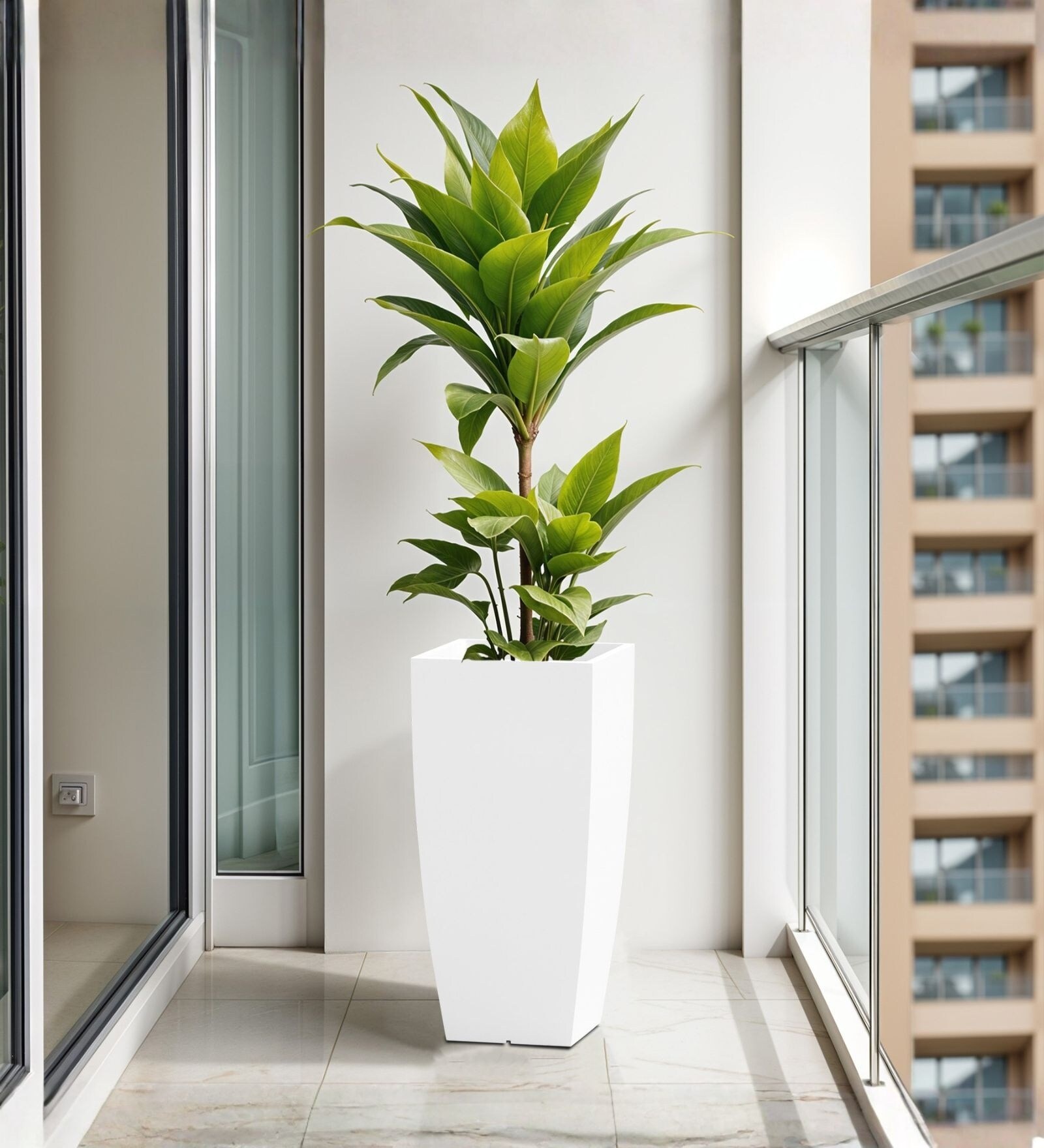 White German Polymer Tall Square Planter Tk 18 Inch