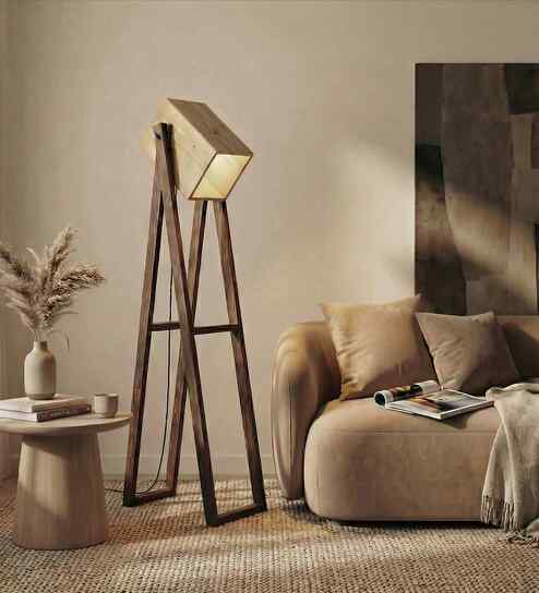 Focal Wooden Floor Lamp with Wooden Shade & Brown Base