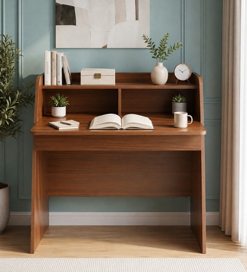 Focuspro Brown Colour  Hutch Desk With Storage In Walnut Finish