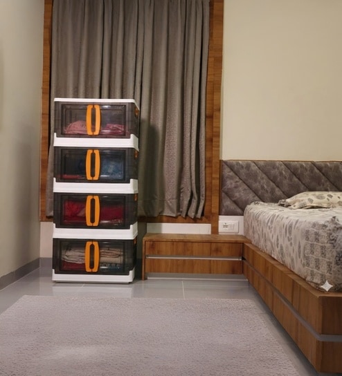 White Foldable Double Door Cupboard With Door & Wheels 4 Layer